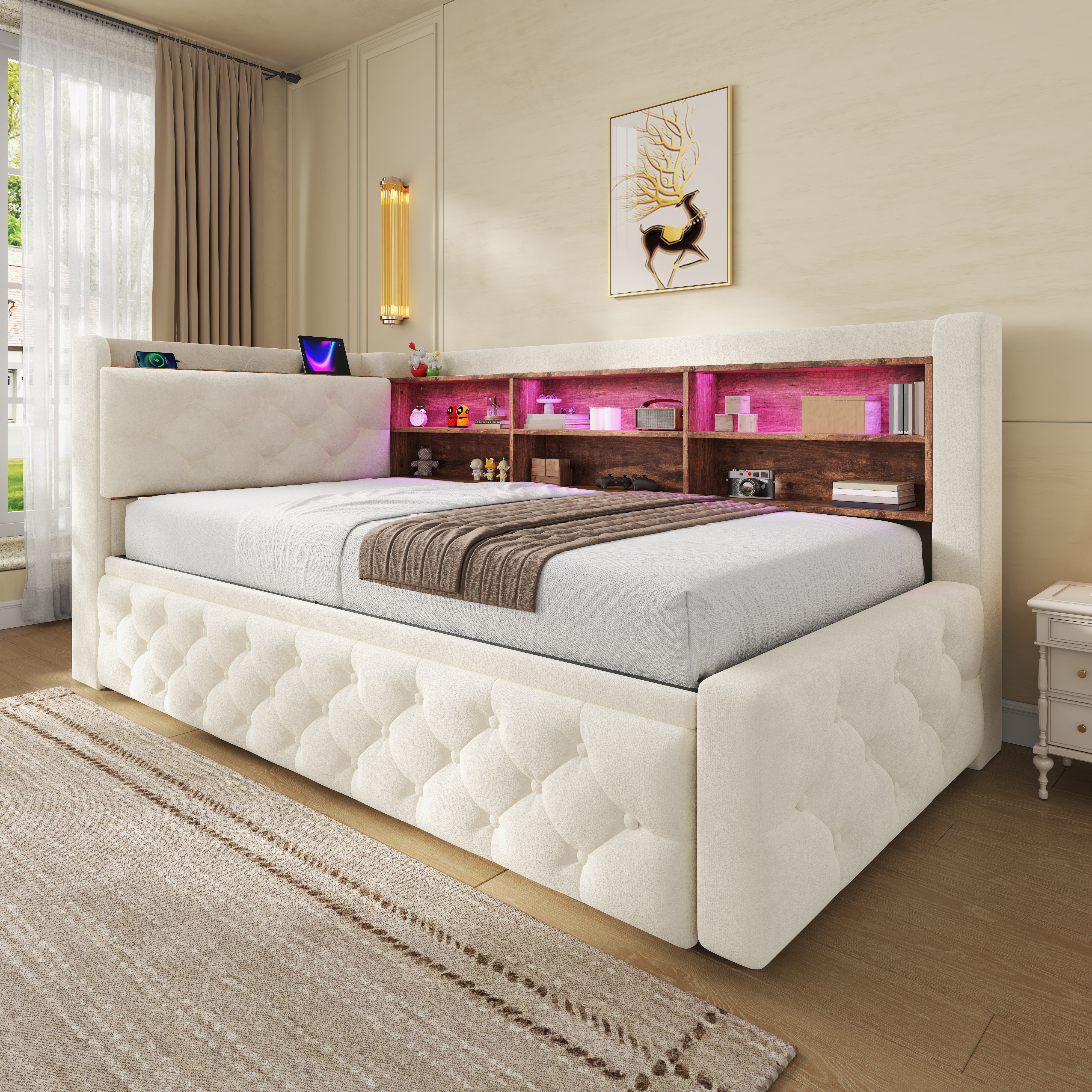 90 X 190 Cm Velvet Sofa Bed Frame, Pull-Out Day With Storage Armrest, Wooden — image 3
