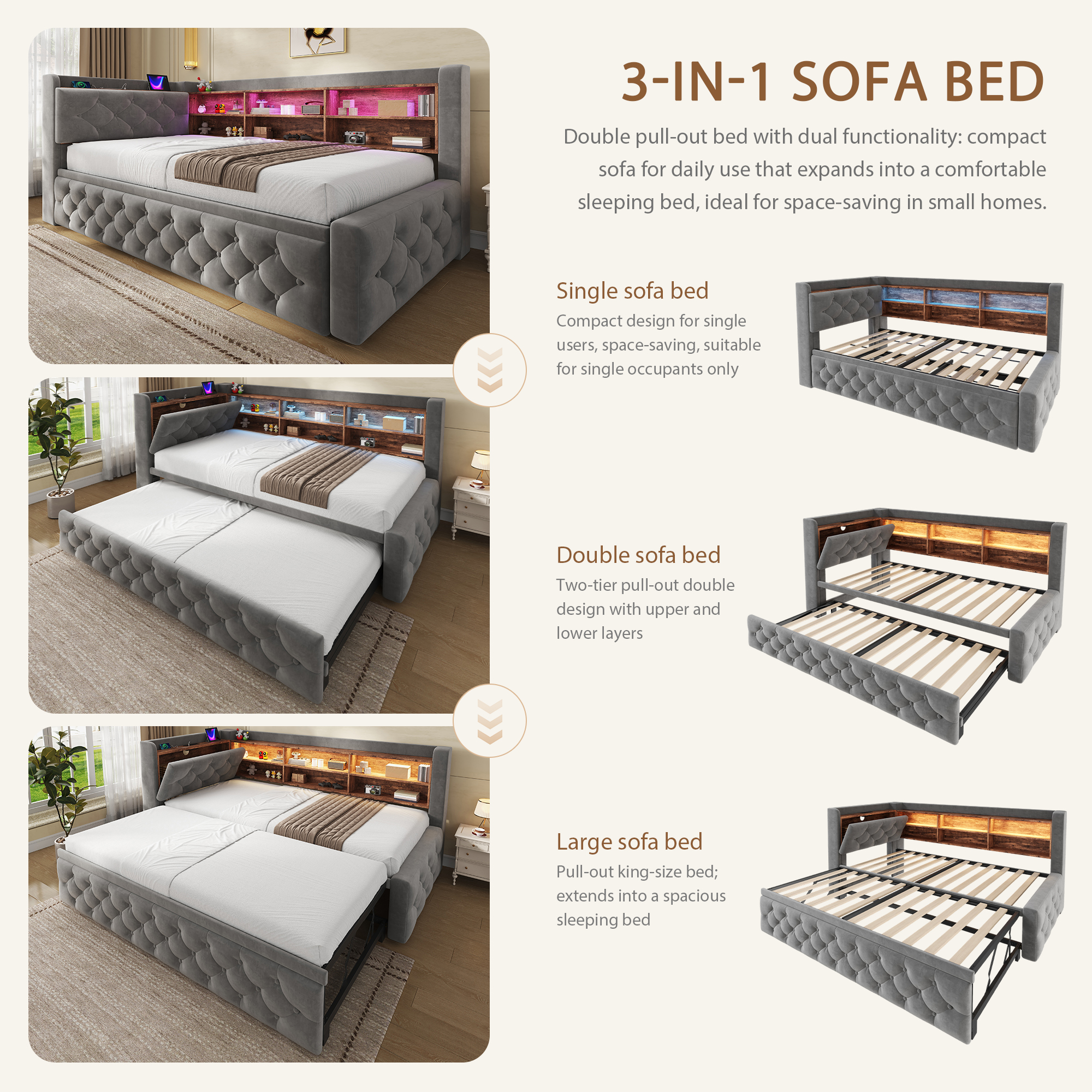 90 X 190 Cm Velvet Sofa Bed Frame, Pull-Out Day With Storage Armrest, Wooden — image 3