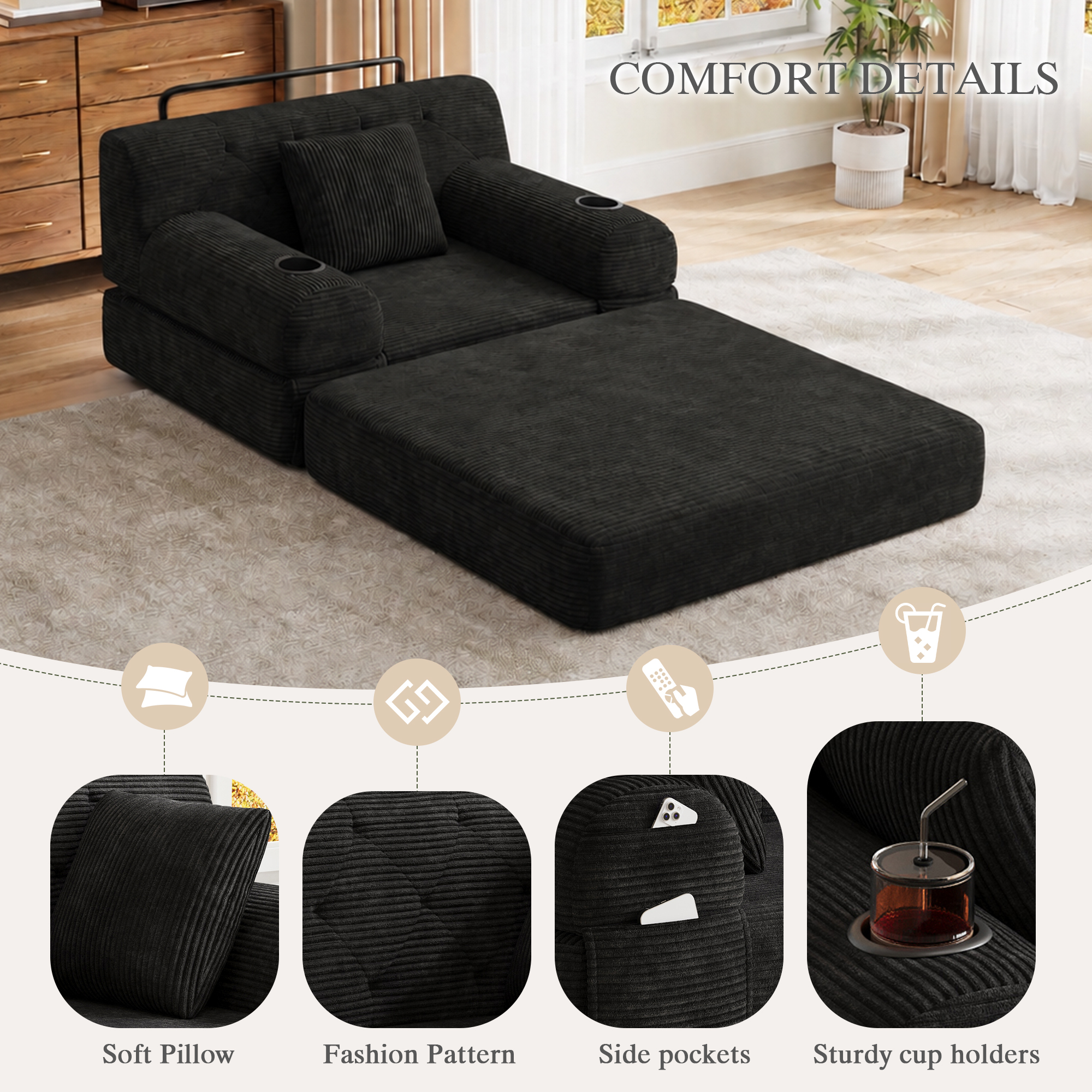 1-Seater Sleeper Sofa, Compressed Corduroy With High Backrest, Metal Frame — image 4