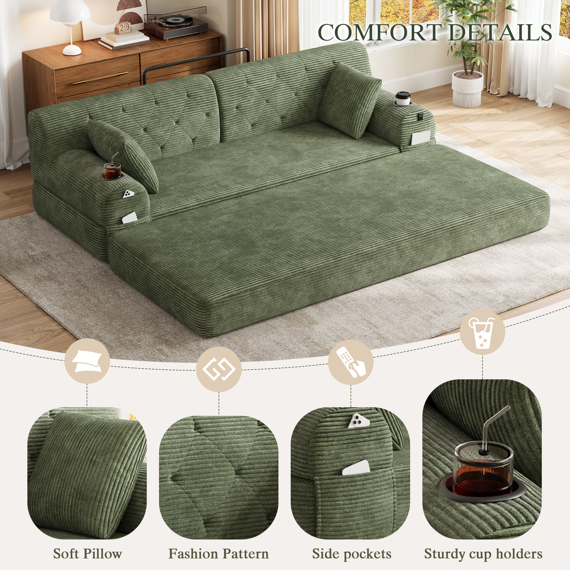 3-Seater Sleeper Sofa, Compressed Corduroy With High Backrest, Metal Frame