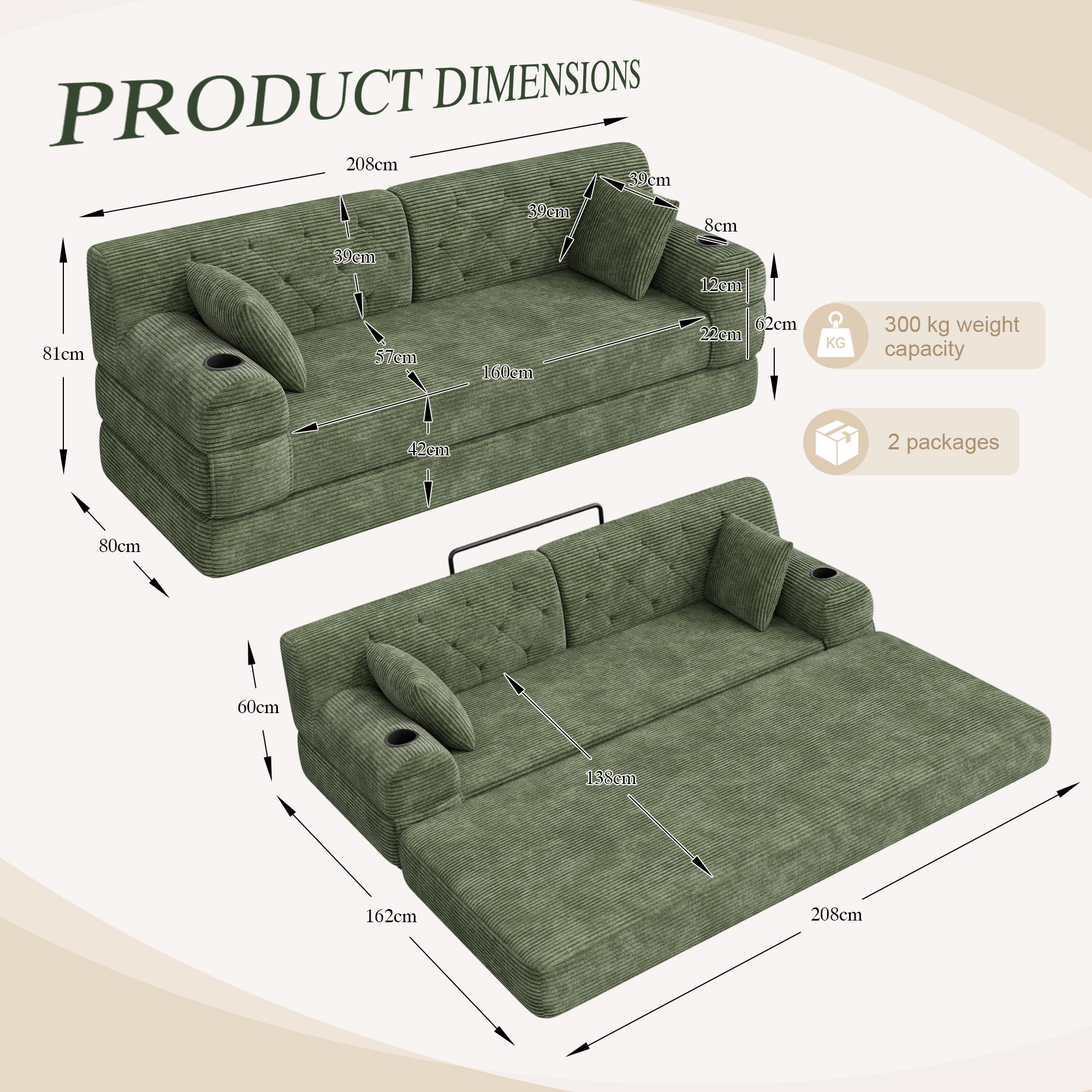 3-Seater Sleeper Sofa, Compressed Corduroy With High Backrest, Metal Frame — image 2