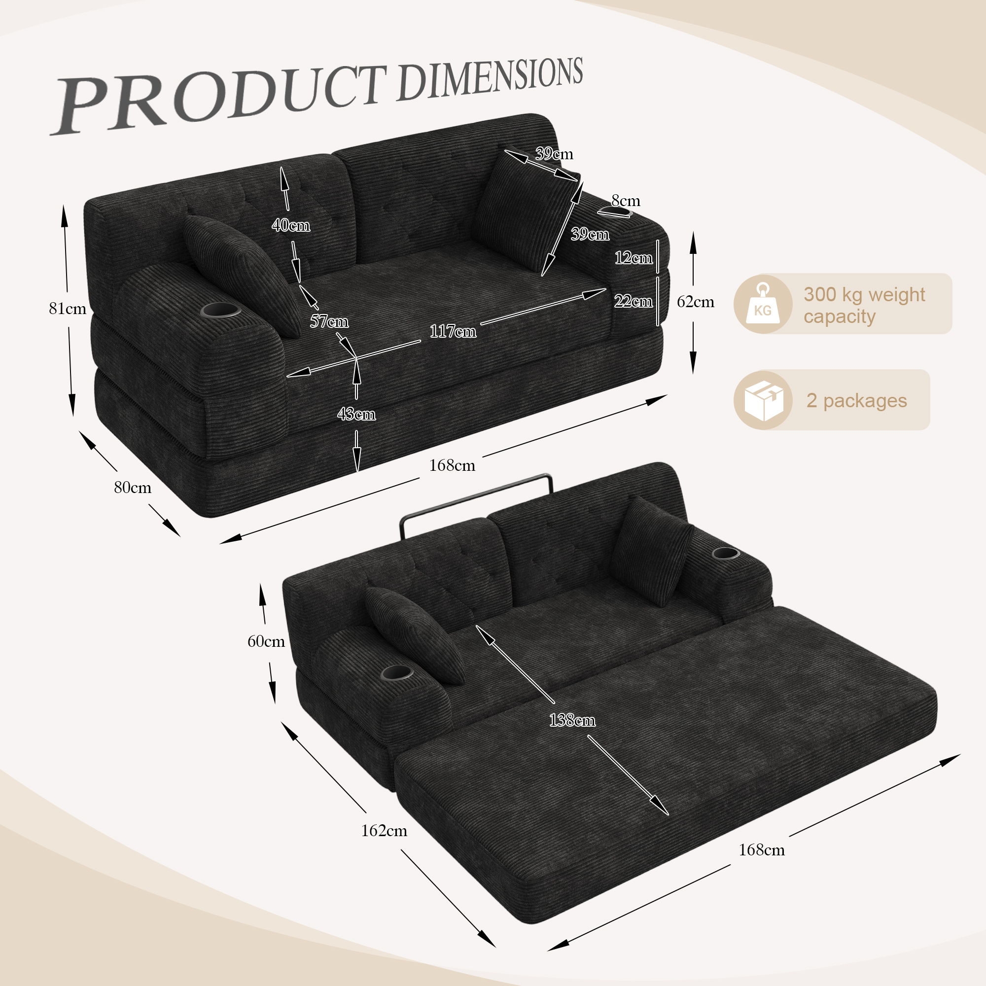 2-Seater Sleeper Sofa, Compressed Corduroy With High Backrest, Metal Frame — image 3