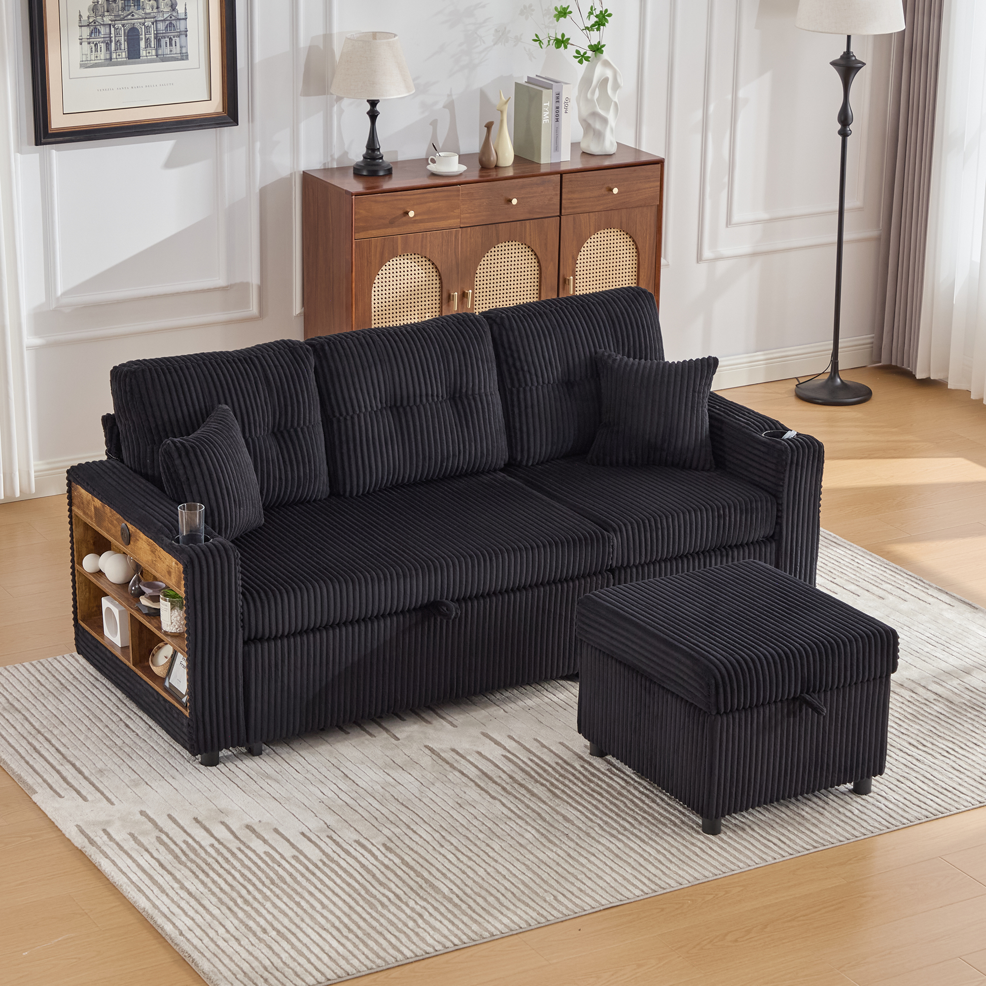Corduroy Sofa Bed With Storage And Pull-out Featuring USB-C Charging, LED — image 2