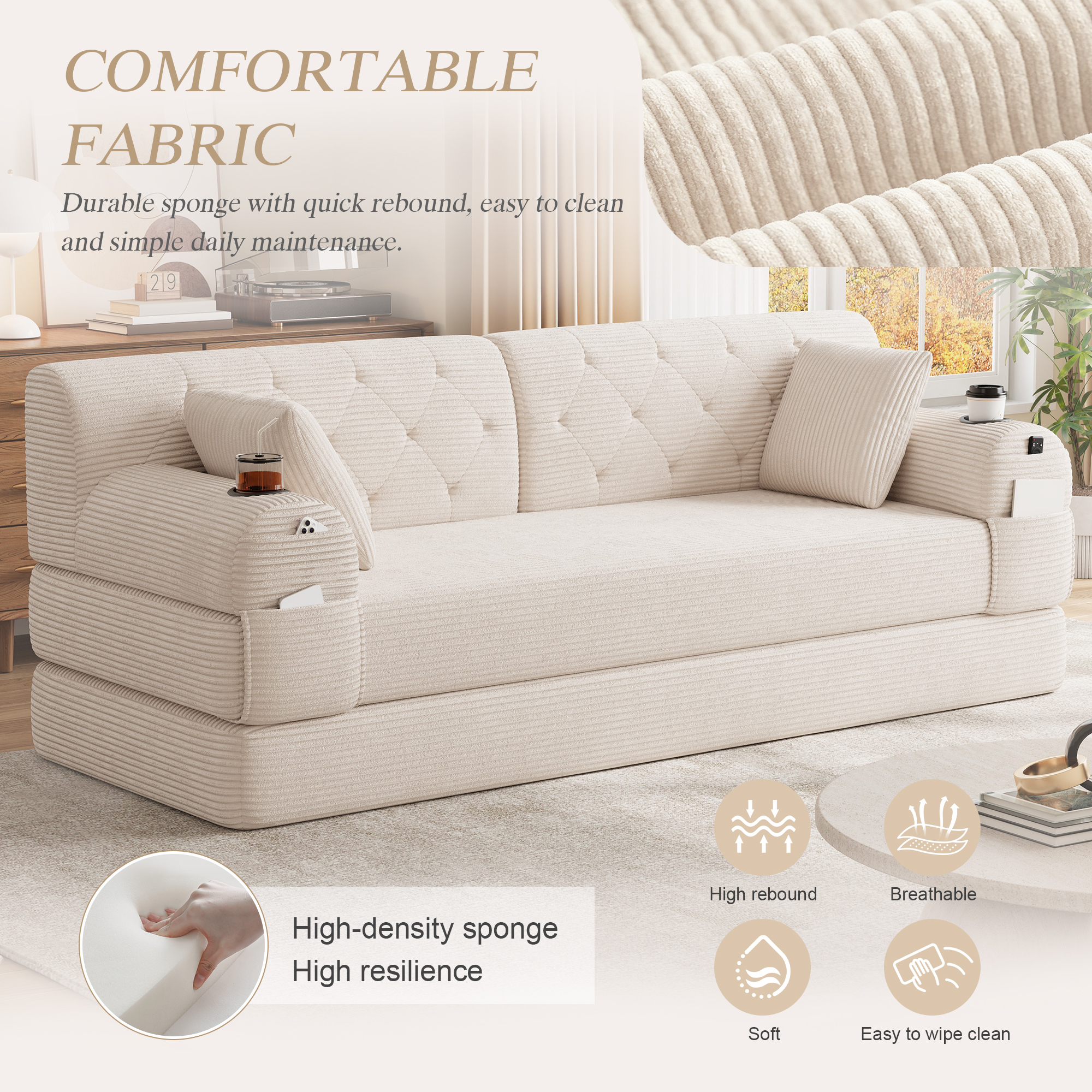 3-Seater Sleeper Sofa, Compressed Corduroy With High Backrest, Metal Frame — image 3