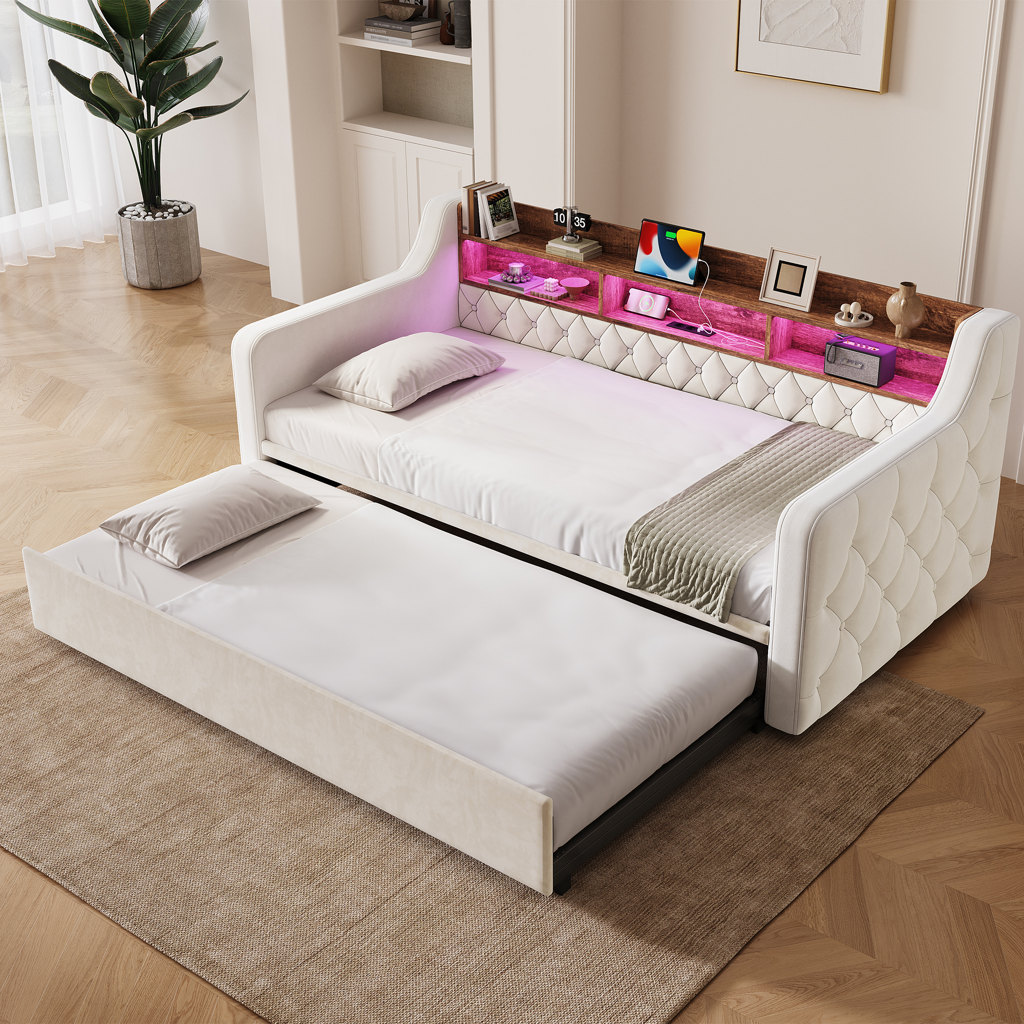 90 X 190 Cm Sofa Bed With Pull-Out Velvet Sleeper Armrests, Storage Wooden — image 4