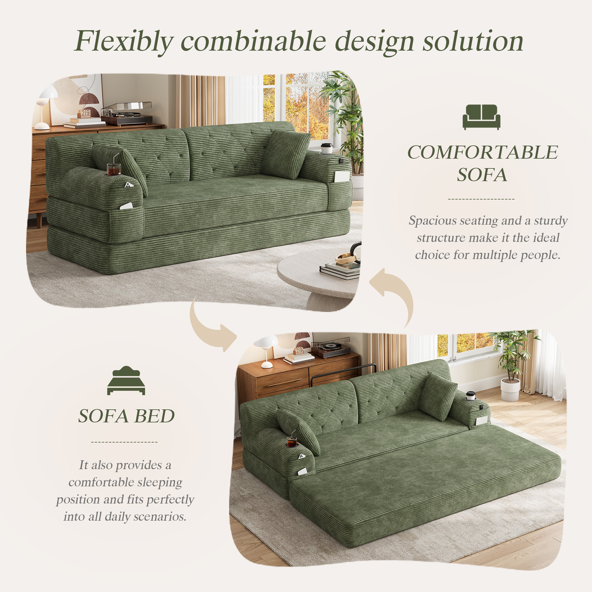 3-Seater Sleeper Sofa, Compressed Corduroy With High Backrest, Metal Frame — image 4
