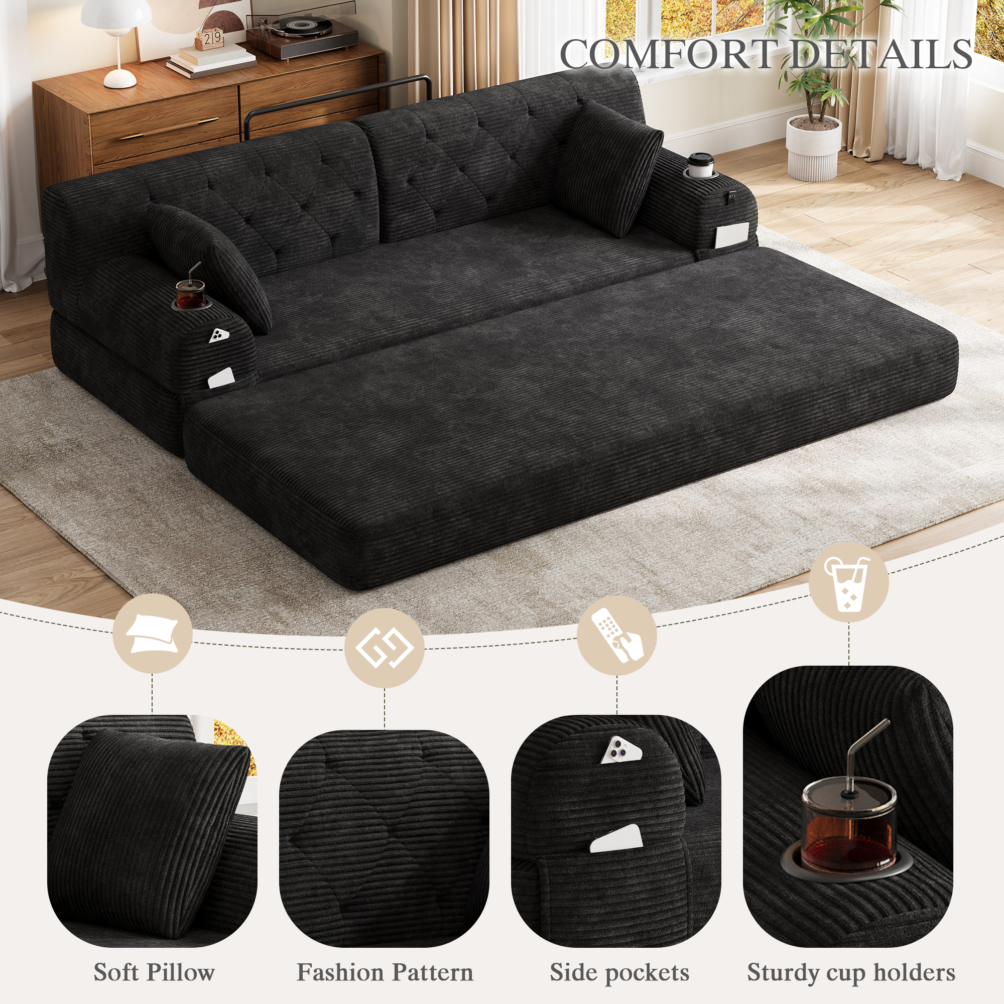 3-Seater Sleeper Sofa, Compressed Corduroy With High Backrest, Metal Frame — image 2