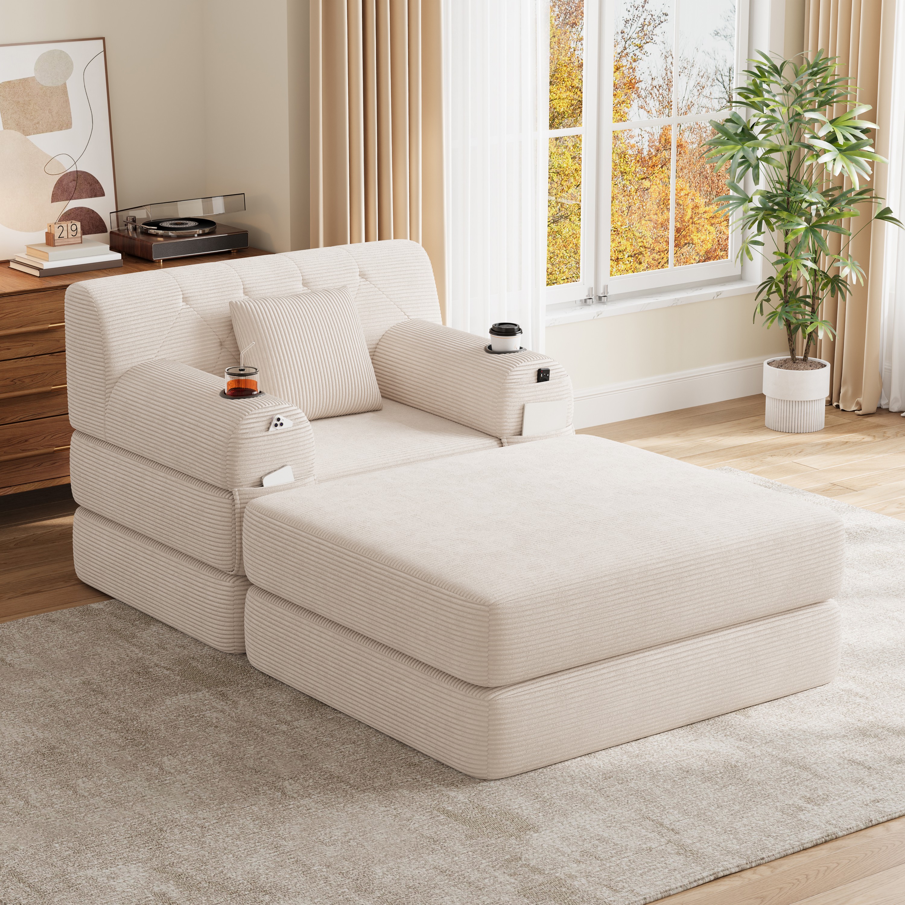 Cord Sleeper Chair With Ottoman, Convertible 1-Seater Sofa Bed, Compressed — image 3