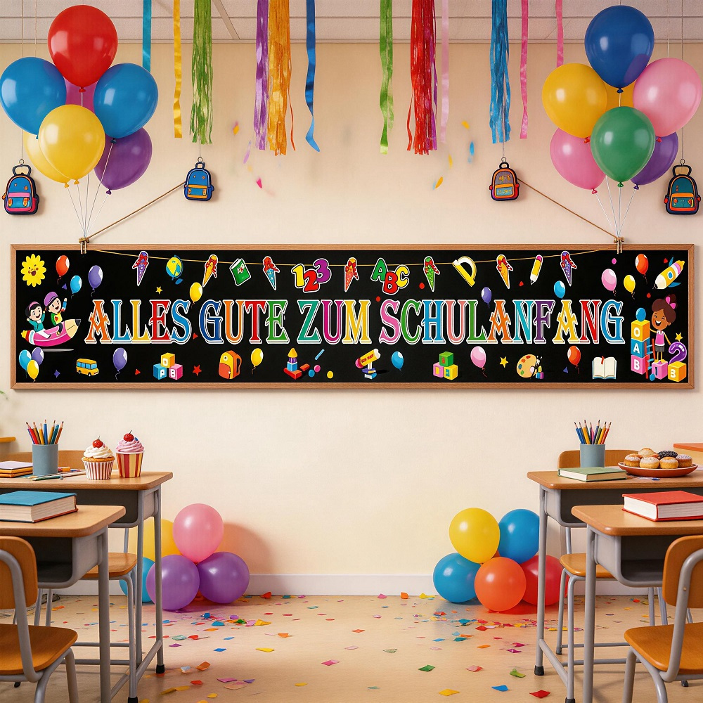 300x50cm “Happy First Day Of School” Banner In Black, Modern First-Day-of-School Garland For A Back-to-School Party, Stylish Black-and-White Banners For First-Graders