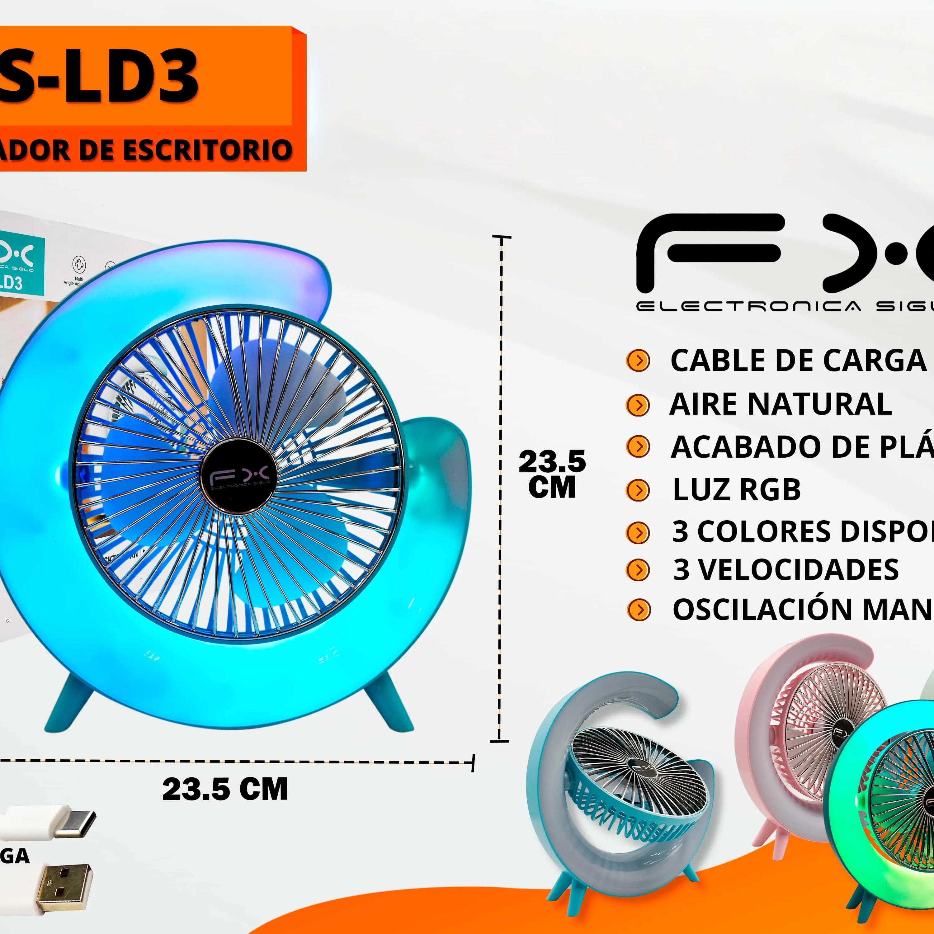 Desktop Fan - Pink, Usb Rechargeable, Rgb