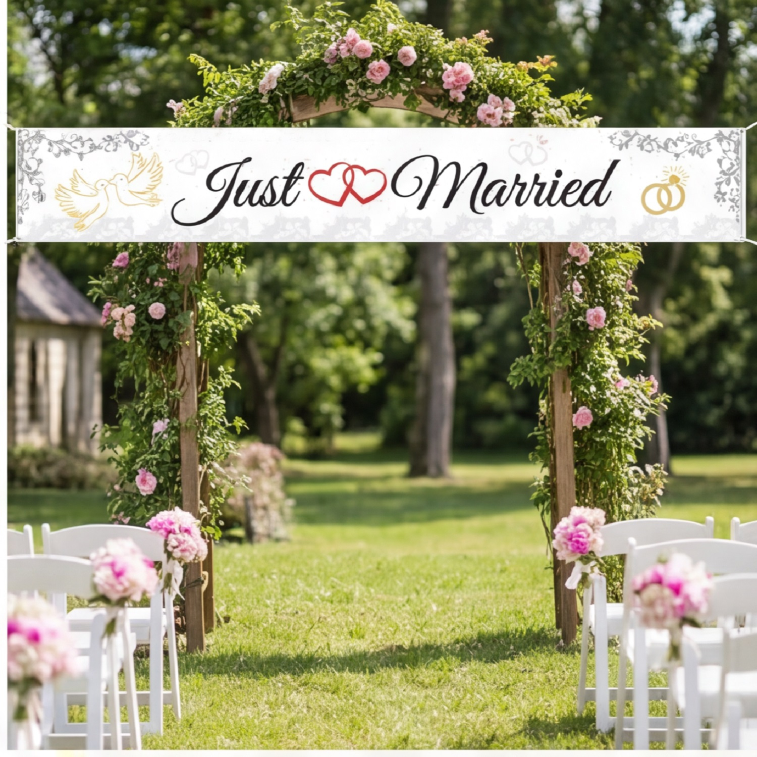“Just Married” Fabric Banner For Weddings – Silver-and-white Decorative Garland With Flowers, Hearts, And Dove