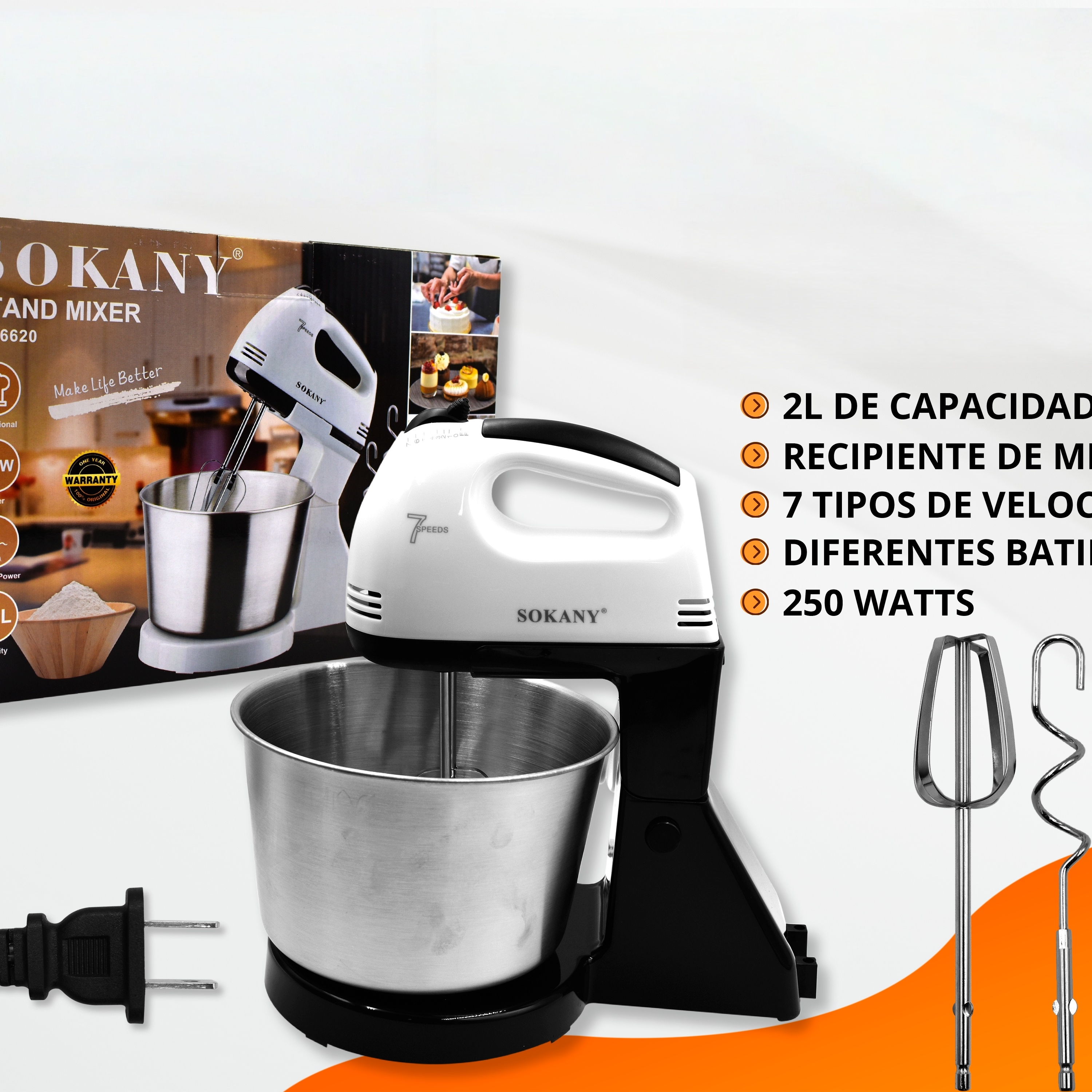 Taiwanese Electric Stand Mixer With Stainless Steel Bowl, 7 Speeds, 2l Capacity, 250w Power - Perfect For Whisking, Mixing, And Kneading Dough
