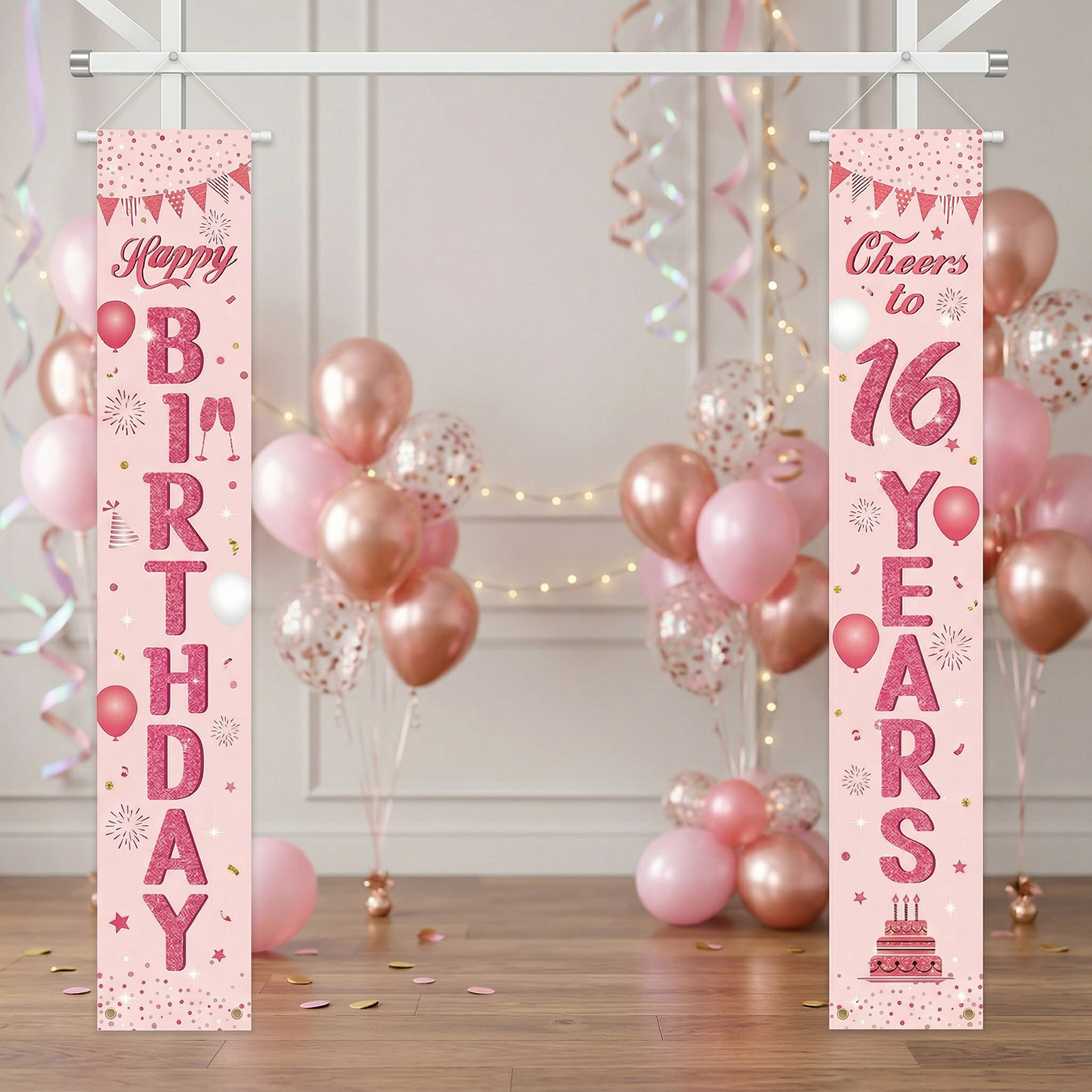 Happy 16th Birthday Party Door Banner Set, 2-Piece Rose Gold Foil Curtain For Door, 16th Birthday Decorations 