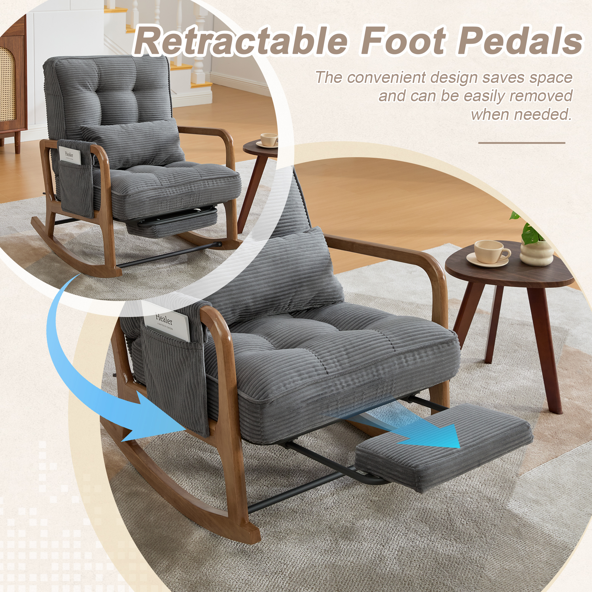 GOMYWAY Rocking Chair With Footrest, Corduroy Upholstered