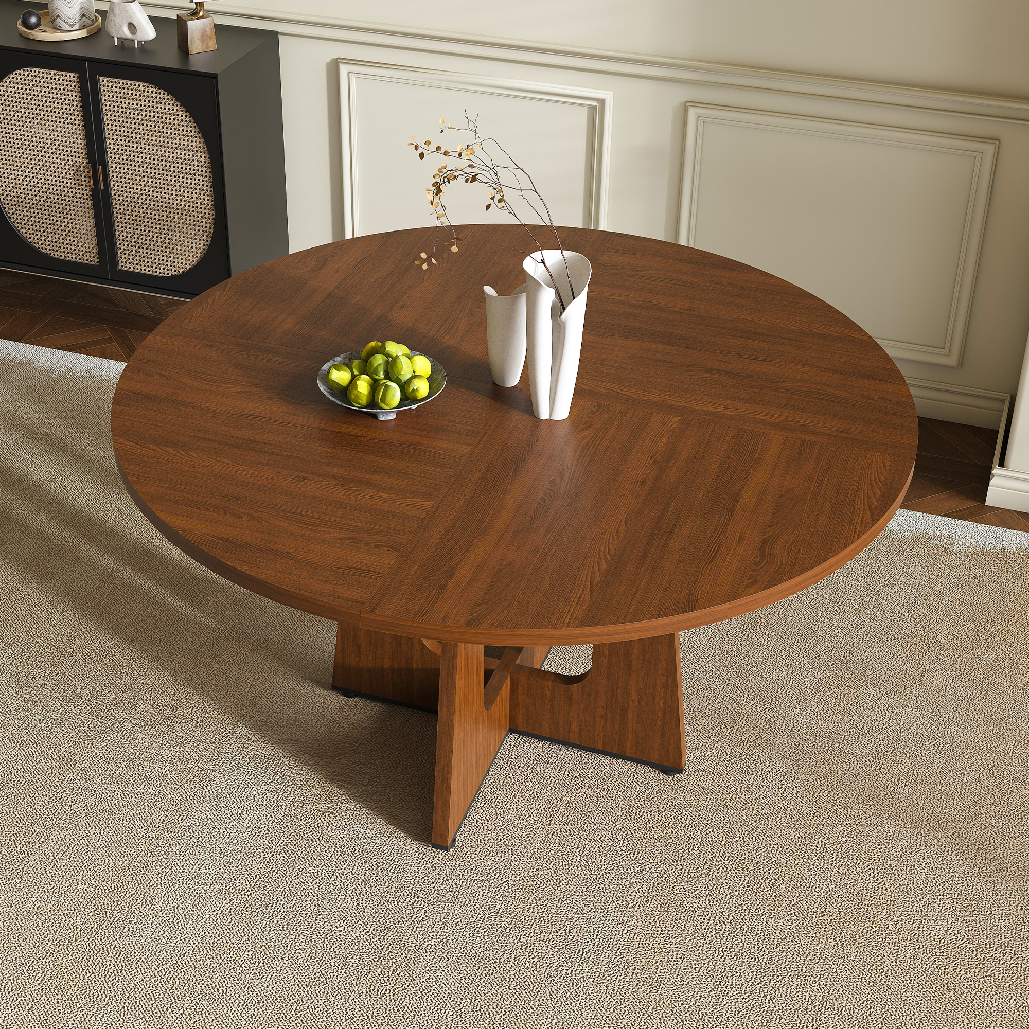 Round Dining Table For 4 - 47 Inch Farmhouse Kitchen MDF Circle With Wood Grain — image 3