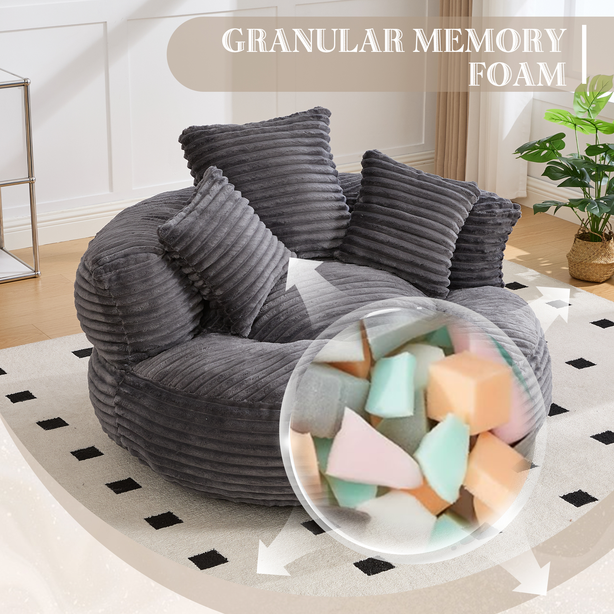 GOMYWAY Bean Bag Chairs For AdultsKids,Large Bean Bag Chair With 3 Pillows & Armrest, Soft Corduroy BeanBag Chair For Reading Gaming Living Room BedroomDark Gray 2