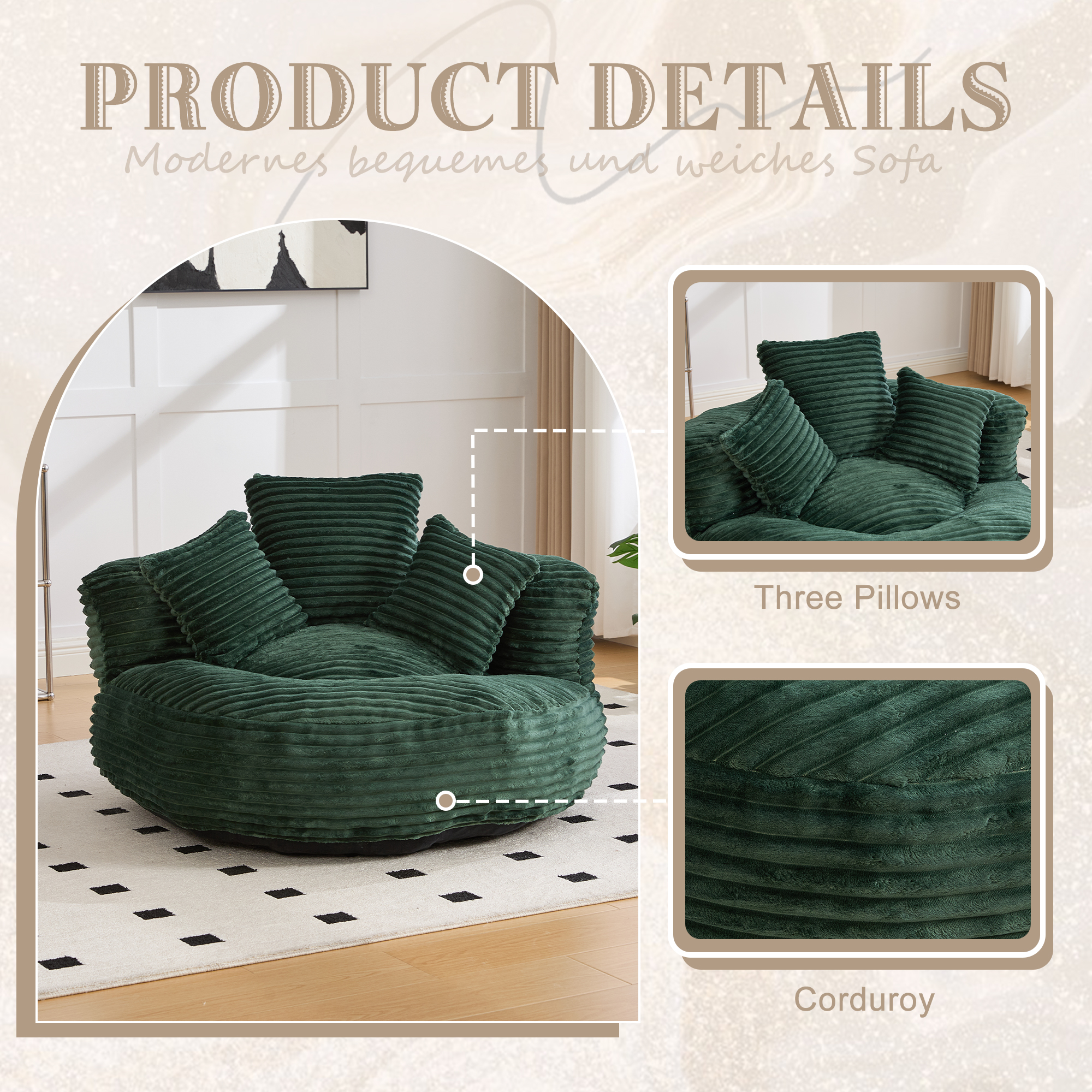 GOMYWAY Bean Bag Chairs For AdultsKids,Large Bean Bag Chair With 3 Pillows & Armrest, Soft Corduroy BeanBag Chair For Reading Gaming Living Room BedroomEmerald 2