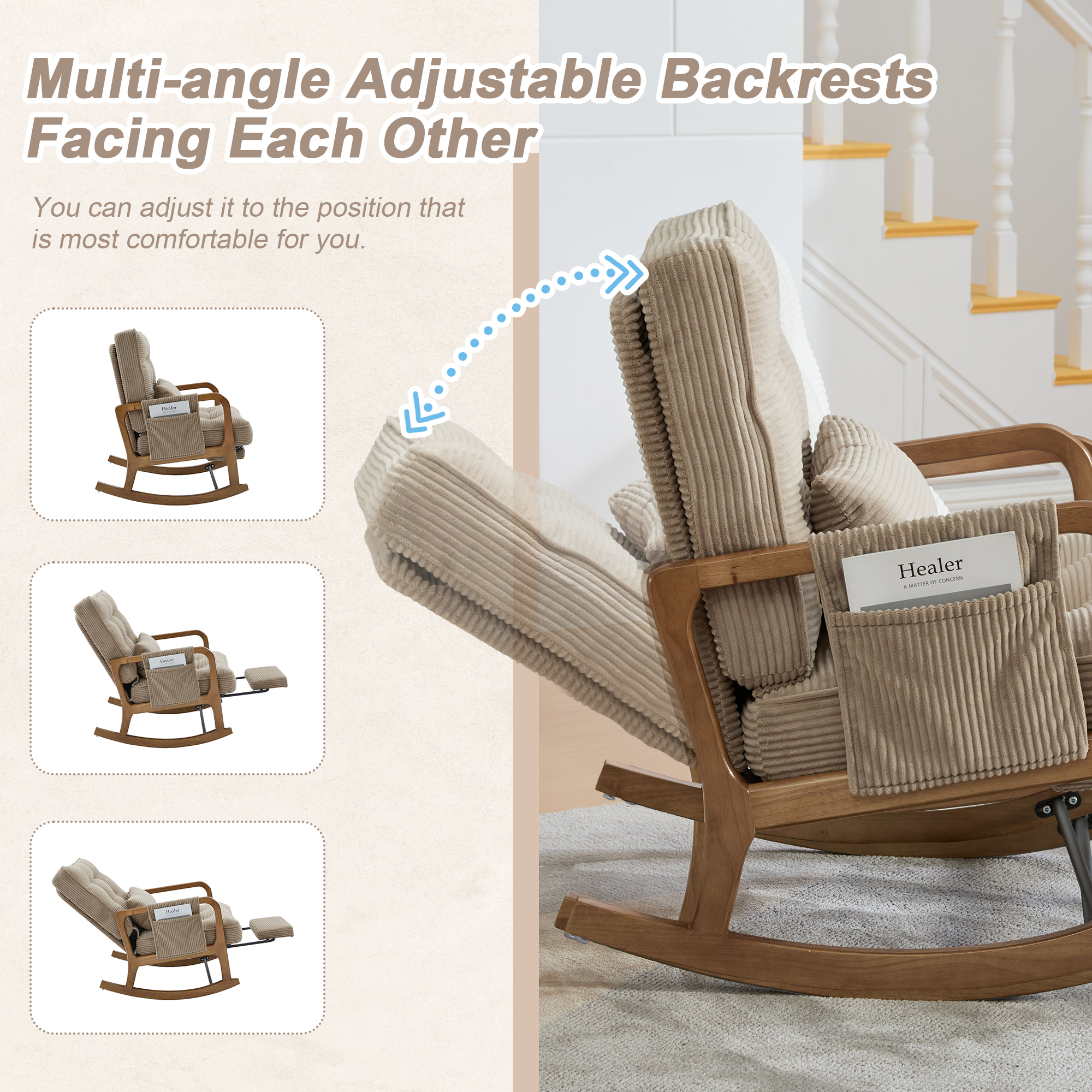GOMYWAY Rocking Chair With Footrest, Corduroy Upholstered
