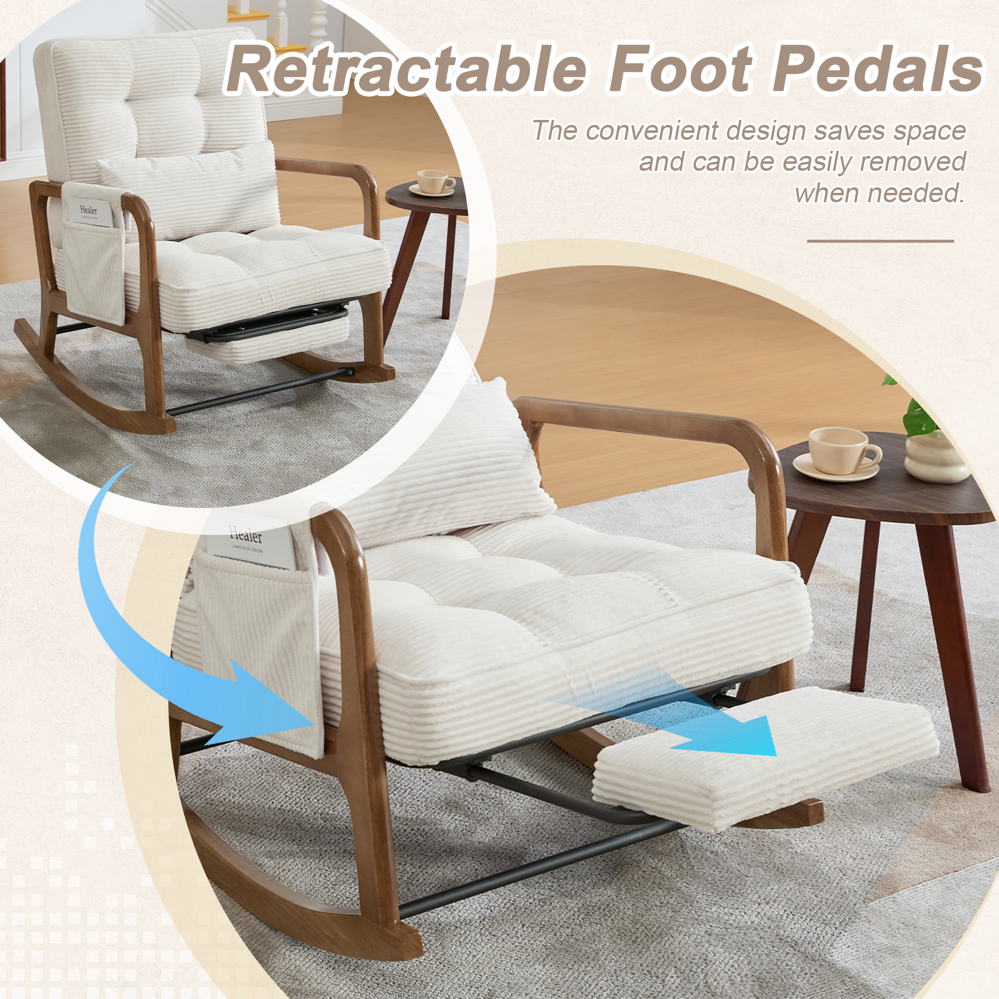 GOMYWAY Rocking Chair With Footrest, Corduroy Upholstered