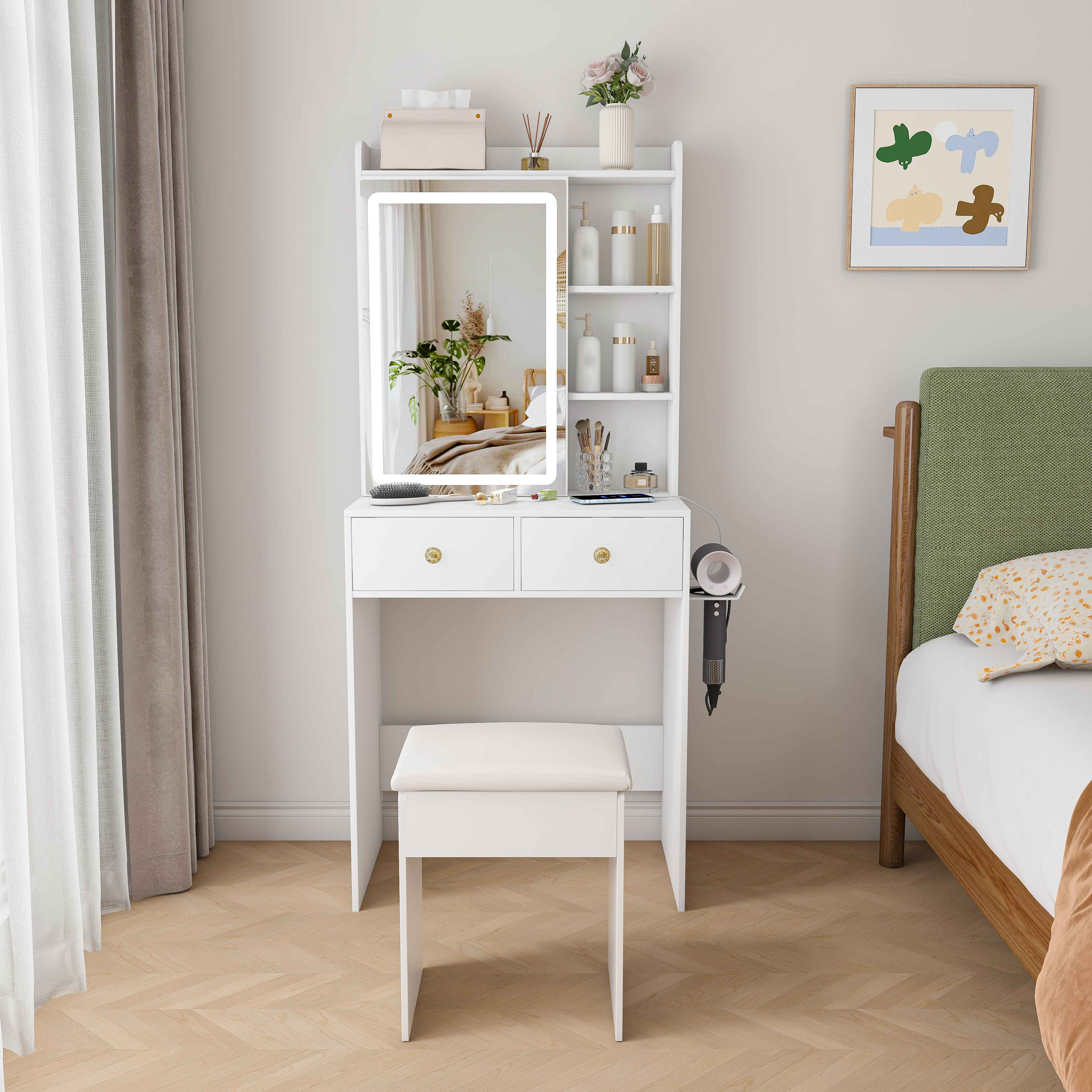 Small Makeup Vanity Desk With 3 Adjustable LED Lights, Built-in Power Socket And Hair Dryer Stand, Featuring A Soft Padded Stool And Storage Rack. Ideal For A Compact Vanity In A Small Bedroom White