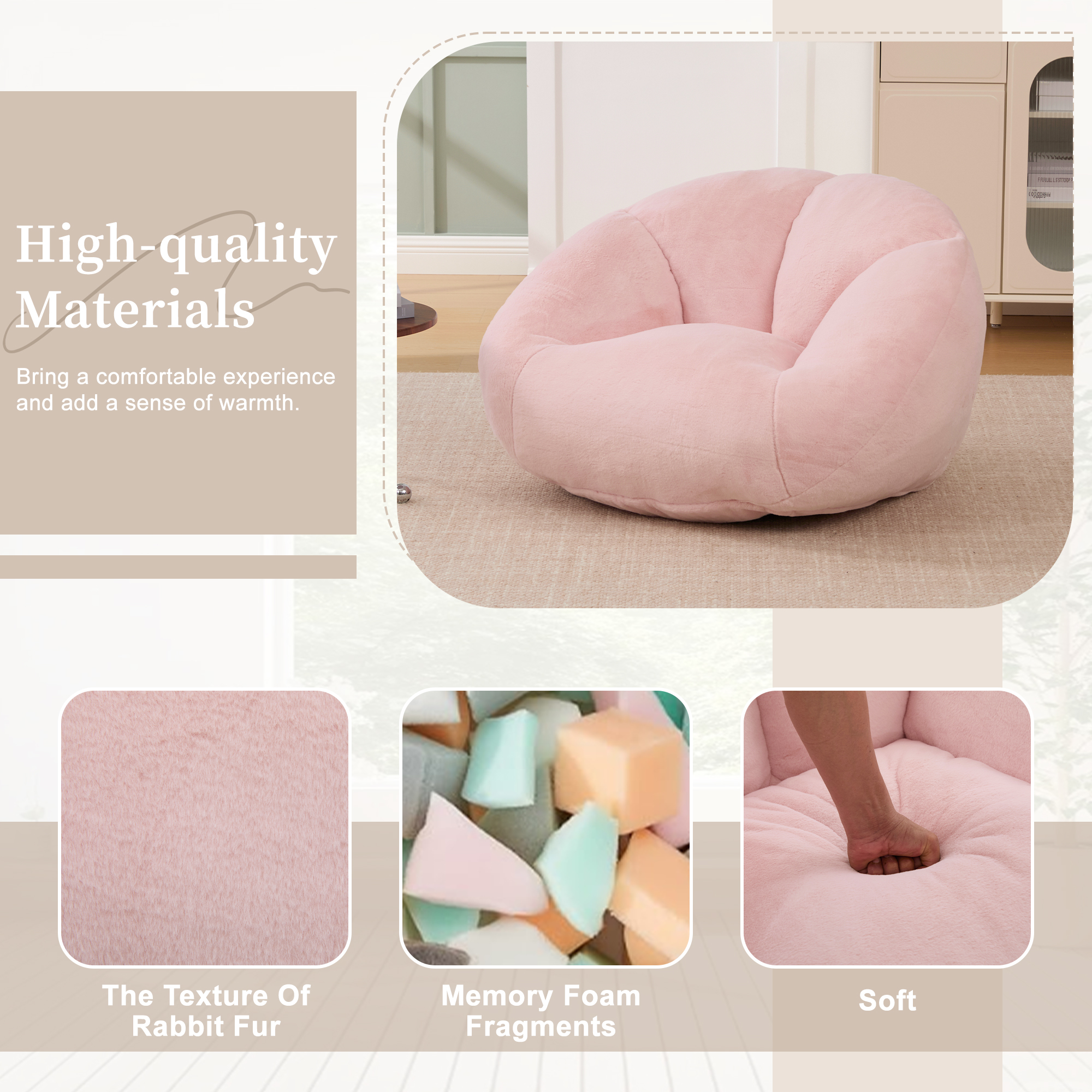 GOMYWAY Bean Bag Chair, Shell-Shaped Bean Bag Couch For Adults, Giant Bean Sofa With High-Rebound Memory Foam, Chair With Faux Fur Removable Cover, Big Sofa For Reading, Gaming. 4