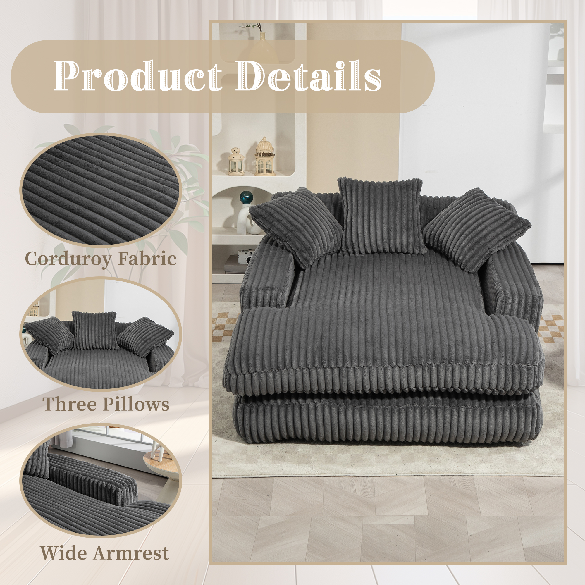 GOMYWAY Chaise Lounge Chair Indoor Bedroom, Oversized Sofa Upholstered Soft — image 4