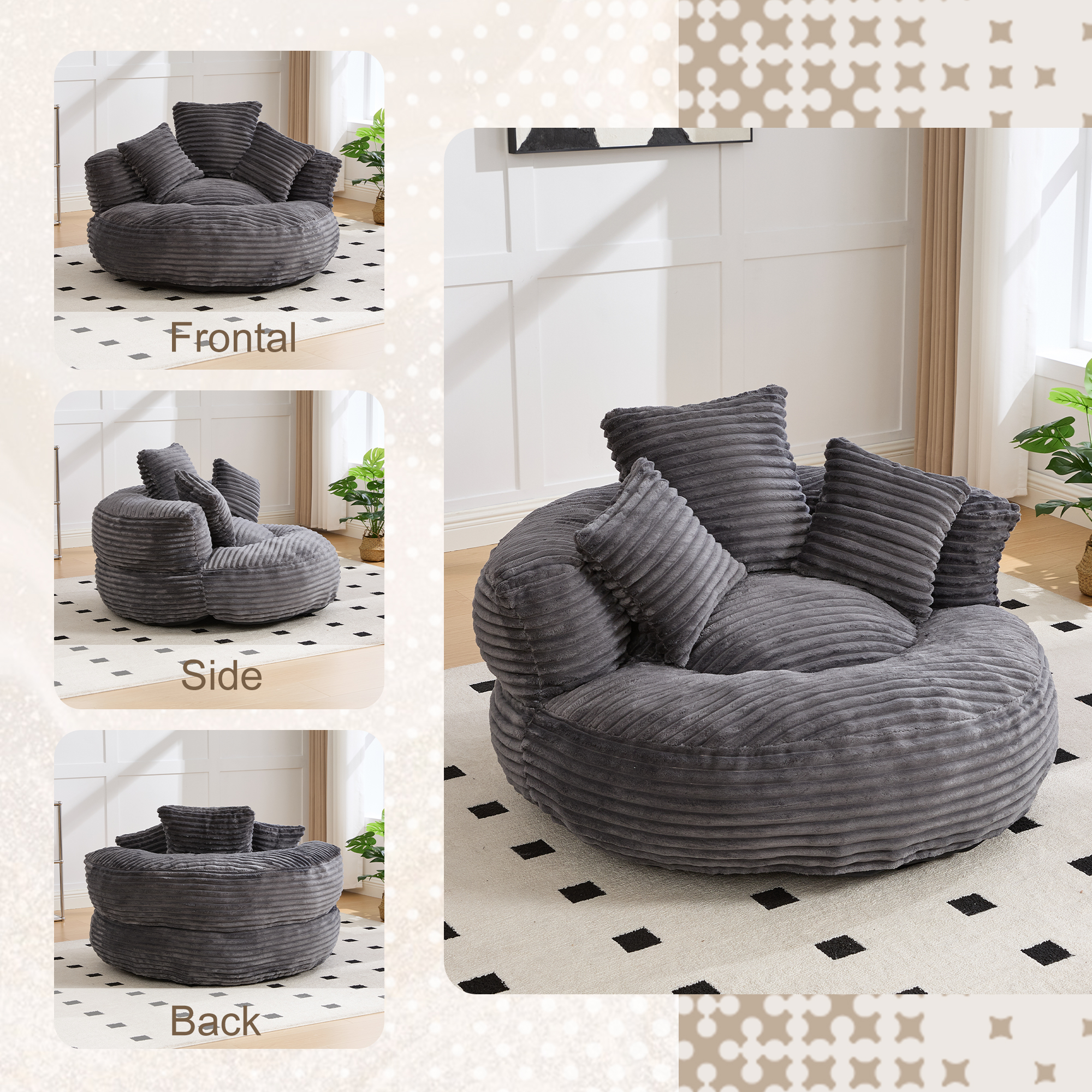 GOMYWAY Bean Bag Chairs For AdultsKids,Large Bean Bag Chair With 3 Pillows & Armrest, Soft Corduroy BeanBag Chair For Reading Gaming Living Room BedroomDark Gray 3