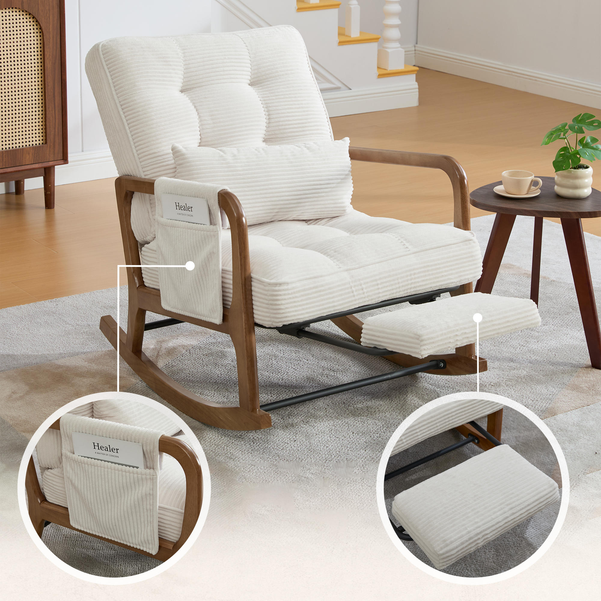 GOMYWAY Rocking Chair With Footrest, Corduroy Upholstered
