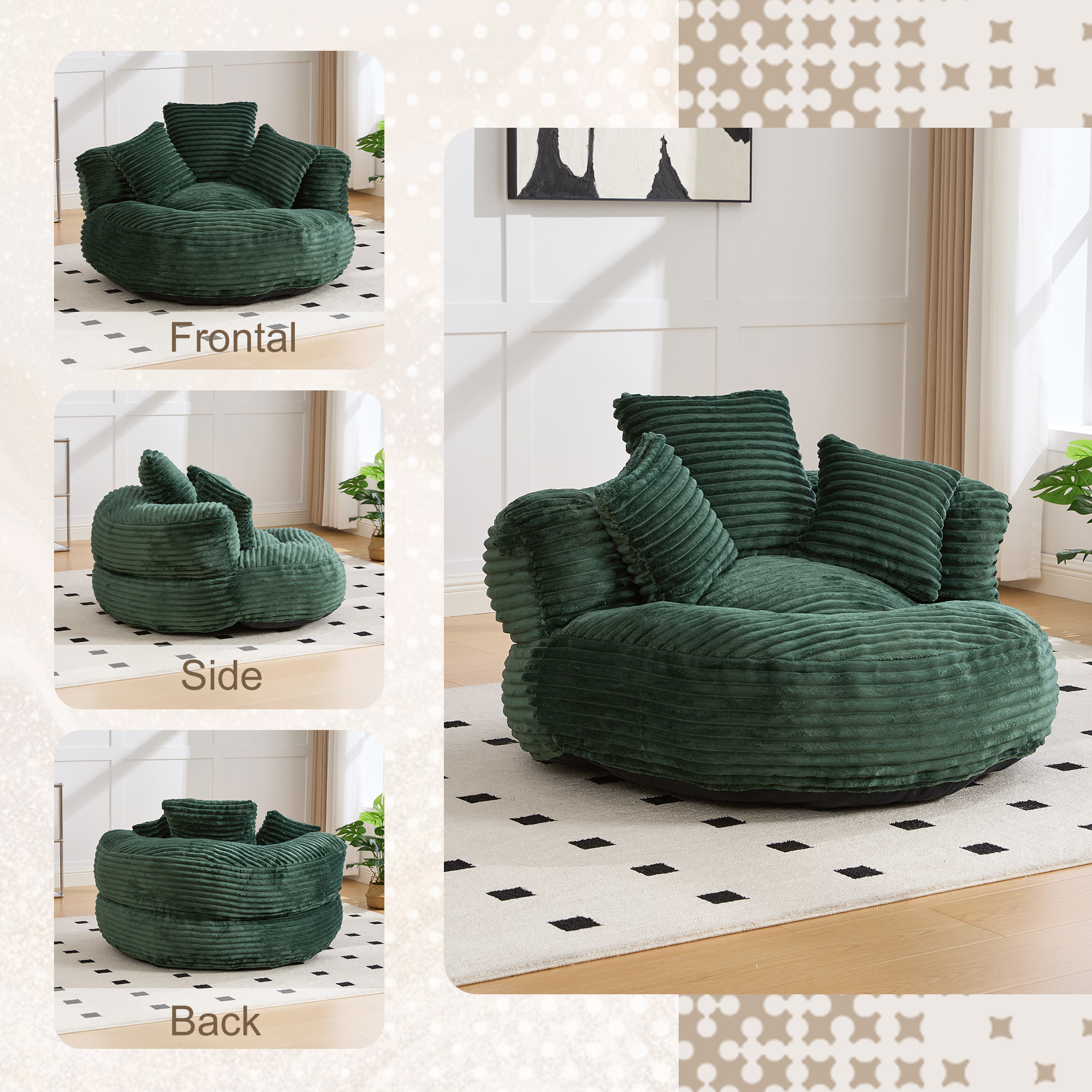 GOMYWAY Bean Bag Chairs For AdultsKids,Large Bean Bag Chair With 3 Pillows & Armrest, Soft Corduroy BeanBag Chair For Reading Gaming Living Room BedroomEmerald 3