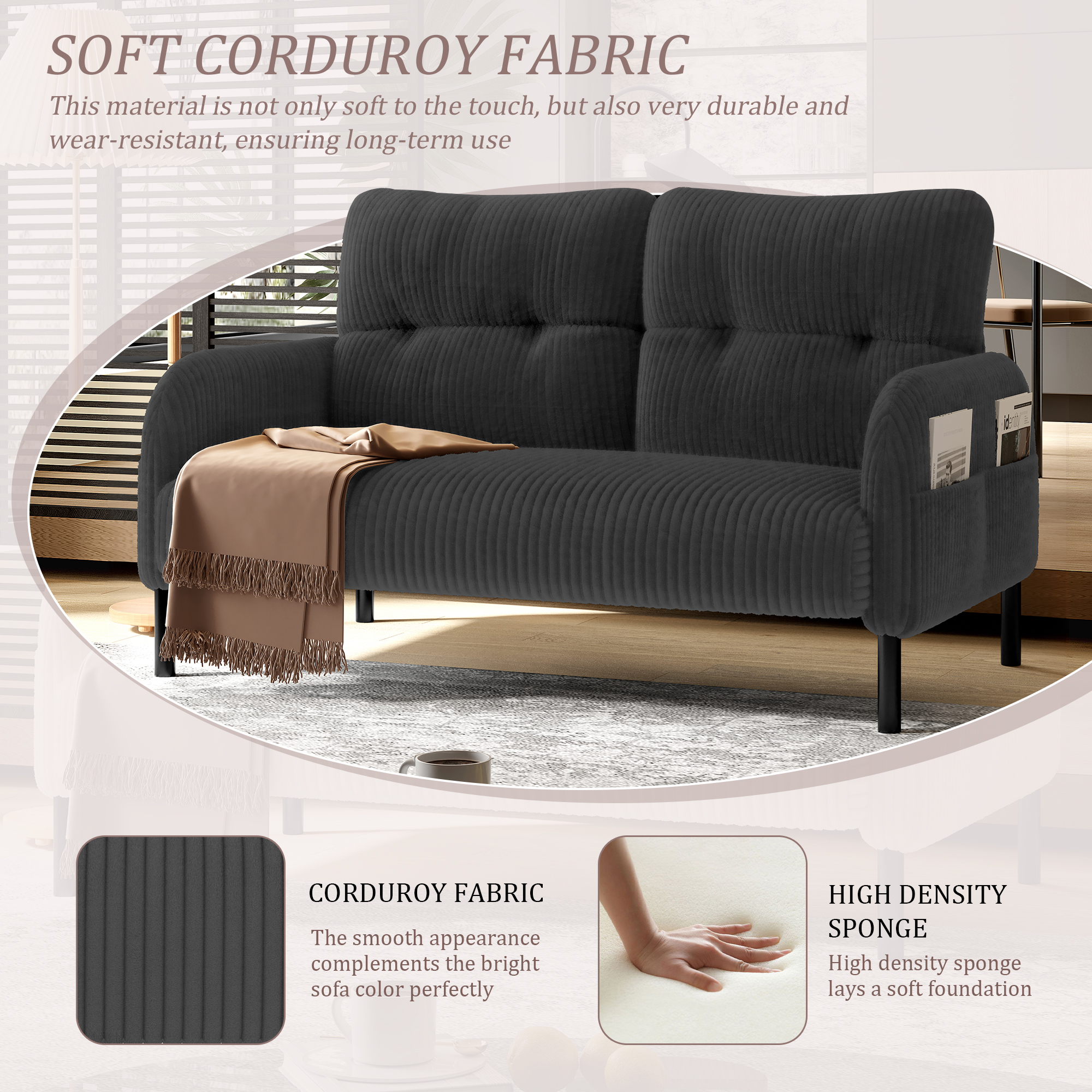 GOMYWAY Corduroy Fabric, Comfortable Monochrome Double Sofa, Suitable