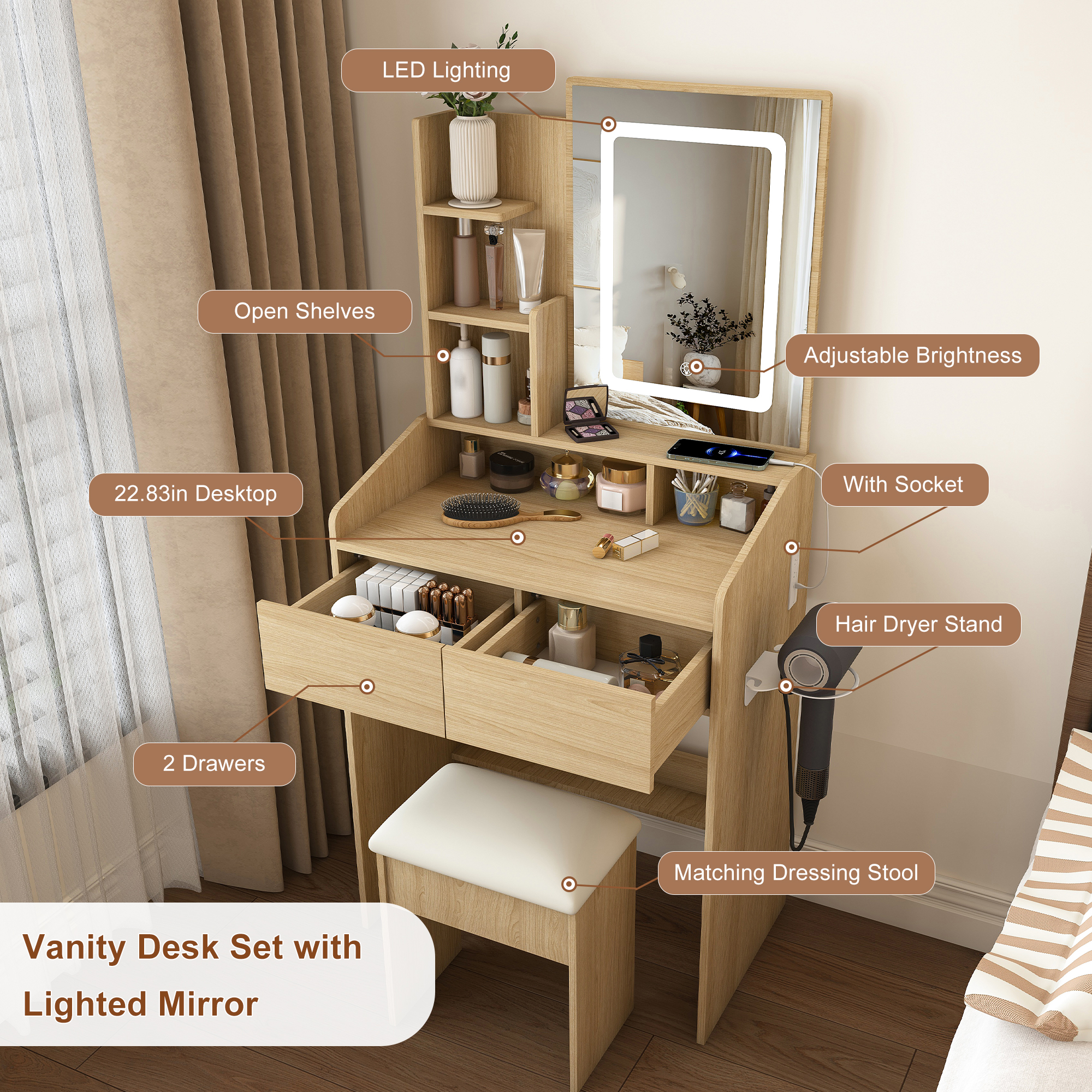 Makeup Vanity Desk With 3 Adjustable LED Lights, Built-in Power Socket And Hair