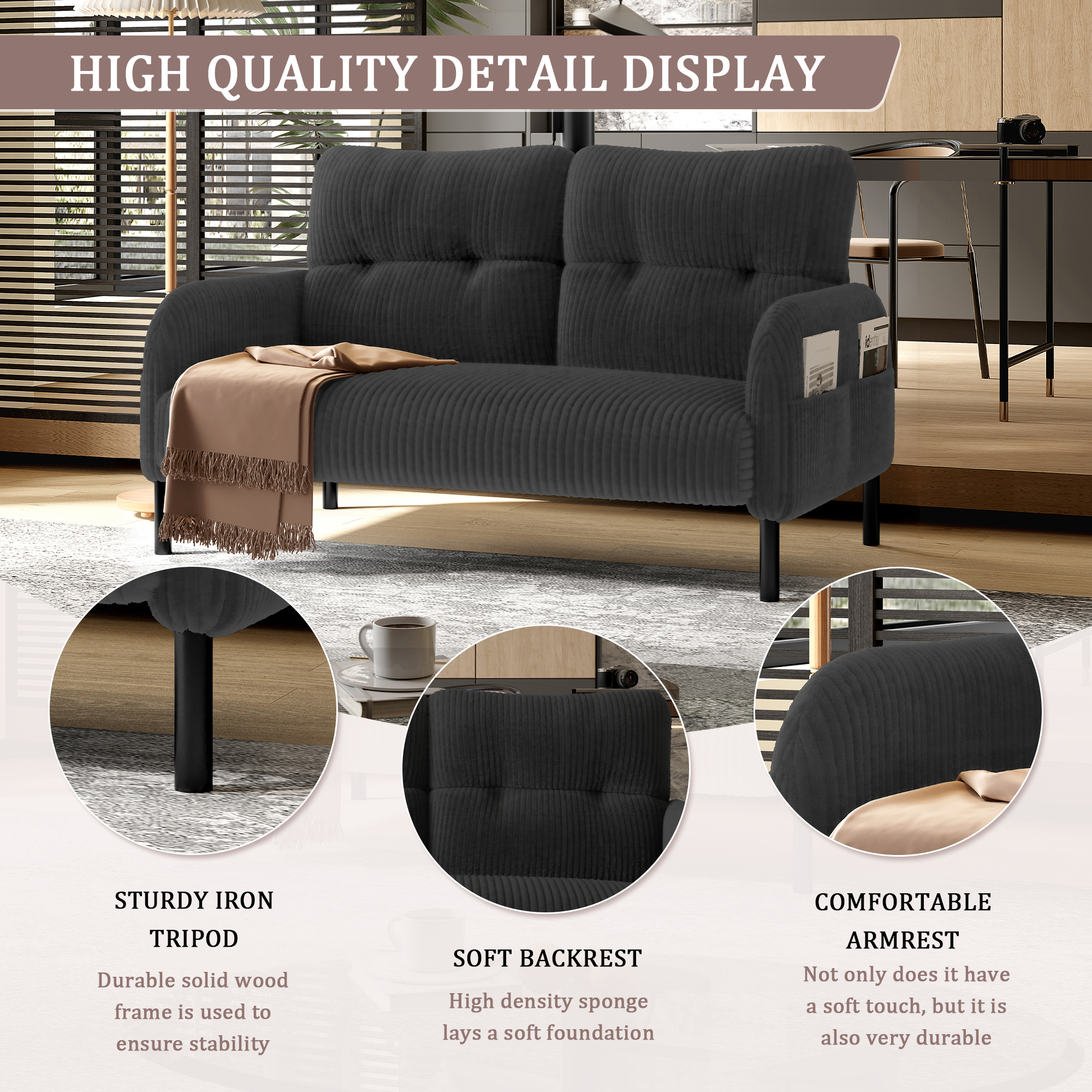 GOMYWAY Corduroy Fabric, Comfortable Monochrome Double Sofa, Suitable — image 4