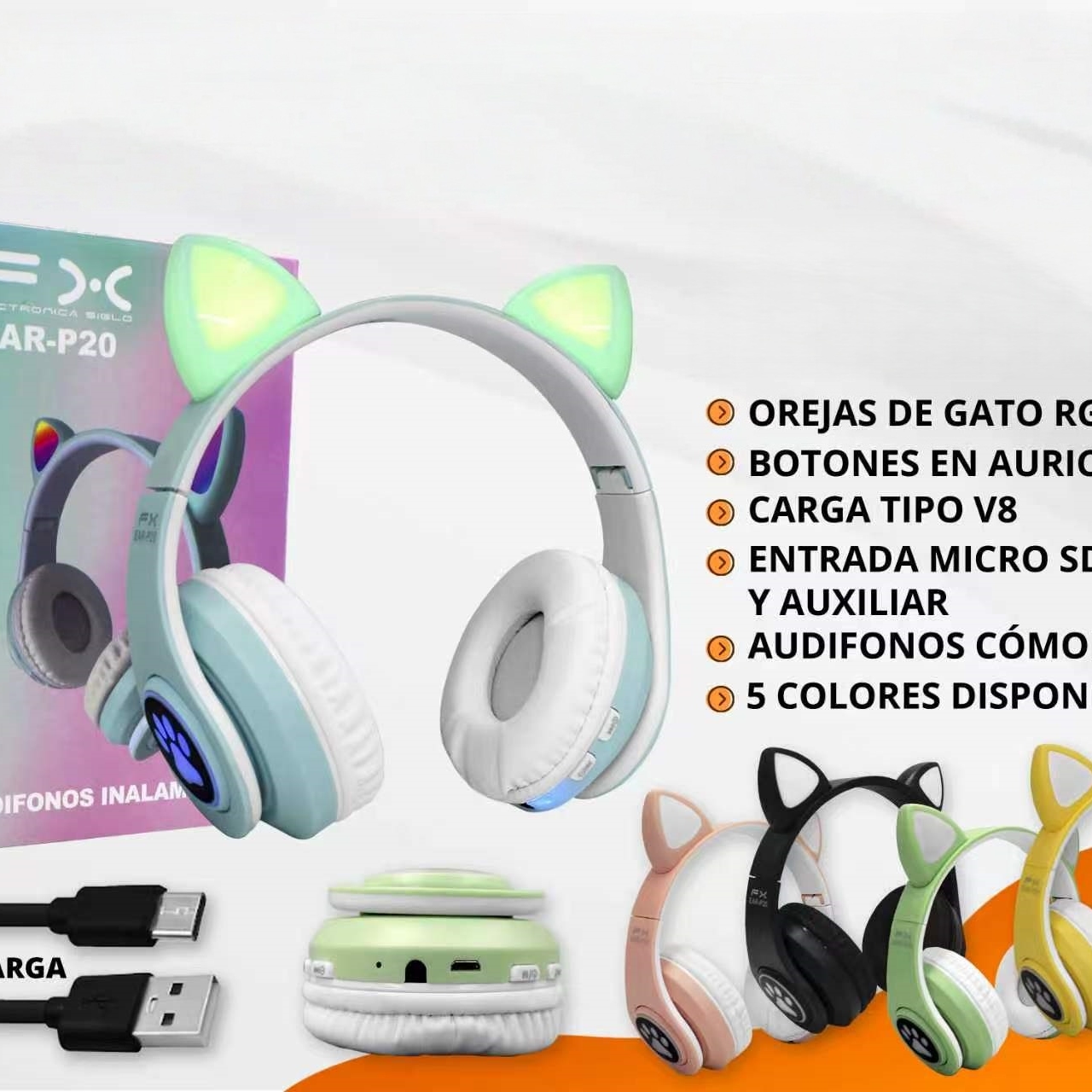 Auriculares Bluetooth Orejas de Gato Verde