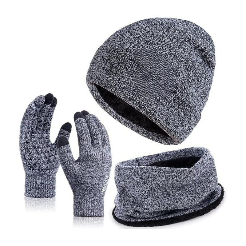 Men's Hat And Gloves Set, 3-Piece Winter Accessories Set In Light Gray, Warm Hat, Scarf, And Gloves For Men In A Winter Party Accessories Set