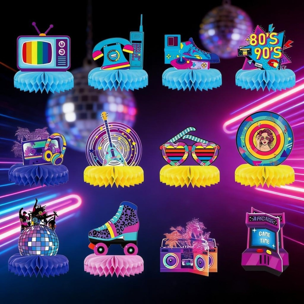 80s Decor Retro Party Honeycomb Set - Colorful Decoration Package With 12 Honeycomb Elements For Festive Theme