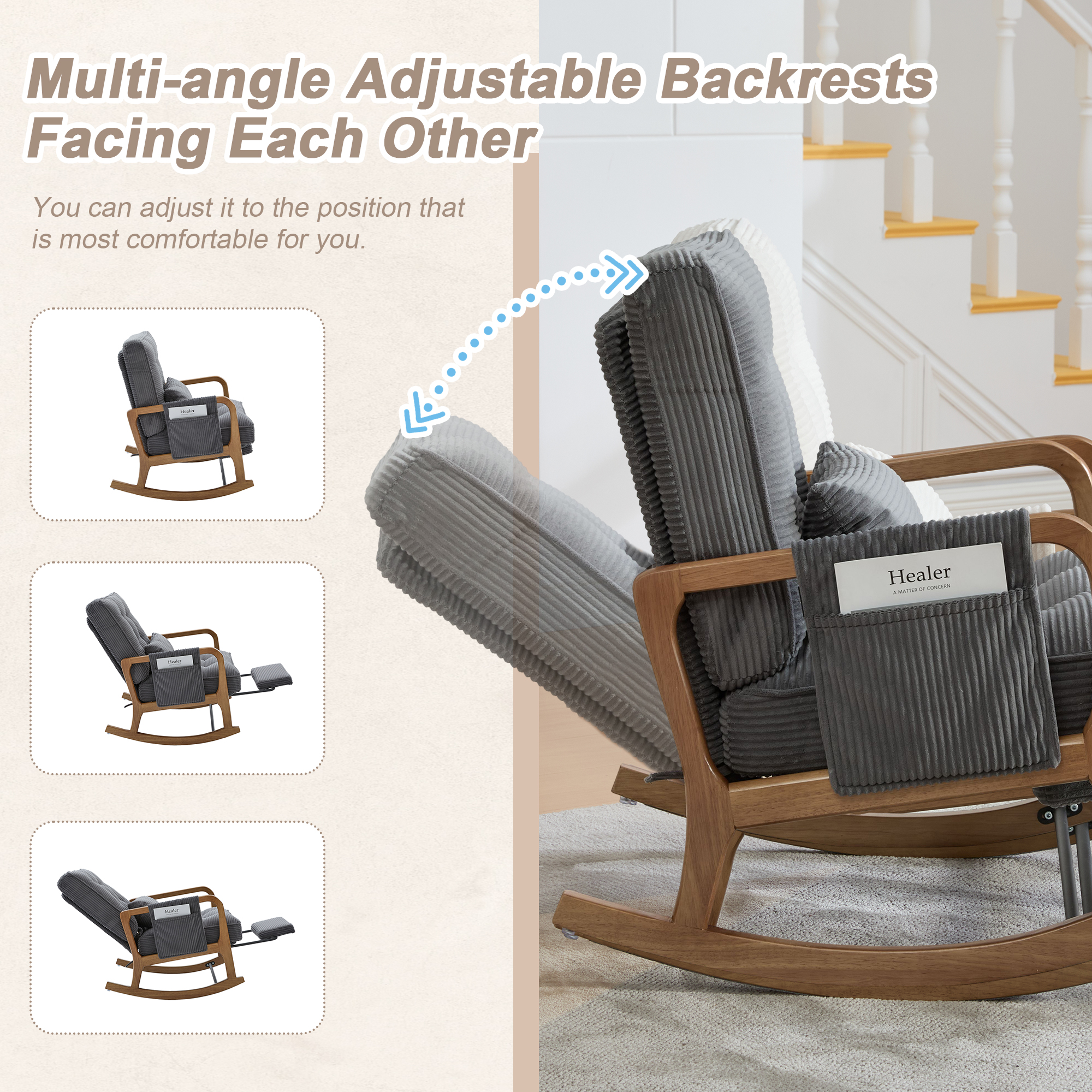 GOMYWAY Rocking Chair With Footrest, Corduroy Upholstered
