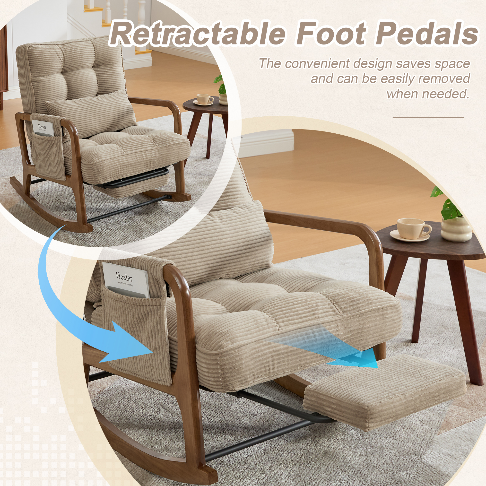 GOMYWAY Rocking Chair With Footrest, Corduroy Upholstered