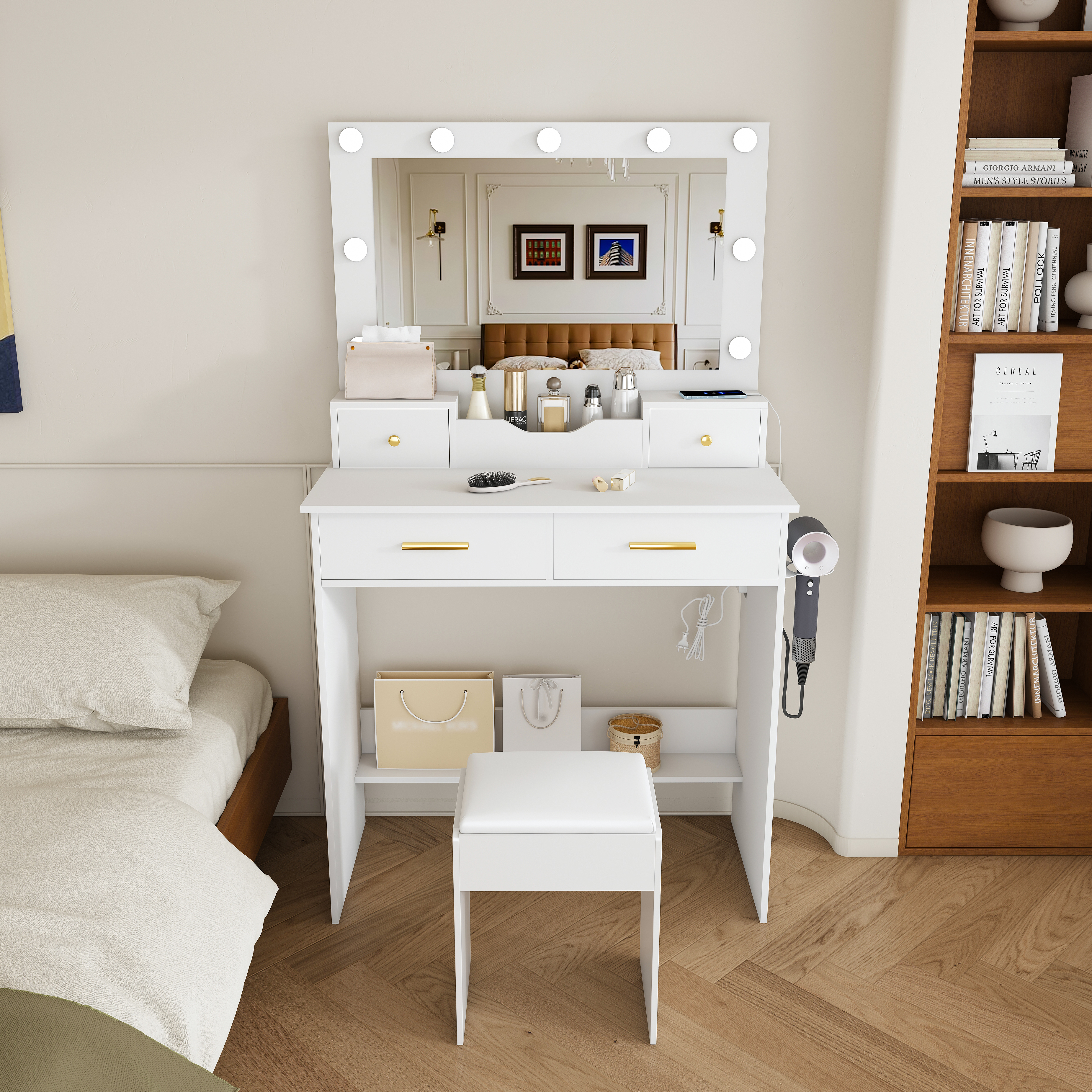 Makeup Vanity Desk With 9 Hollywood Bulbs,with A Large Mirror, Featuring 4 — image 4