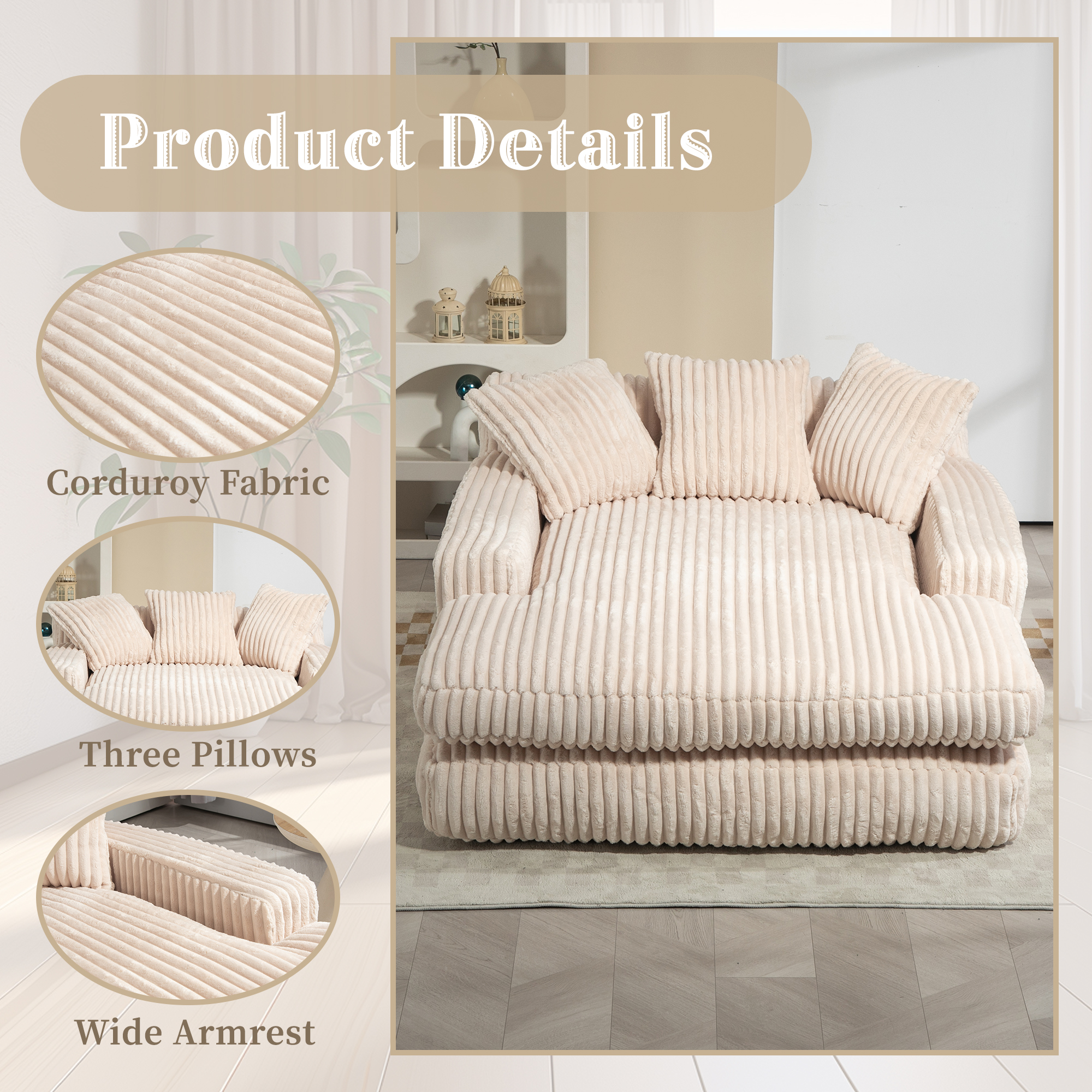 GOMYWAY Chaise Lounge Chair Indoor Bedroom, Oversized Sofa Upholstered Soft — image 3