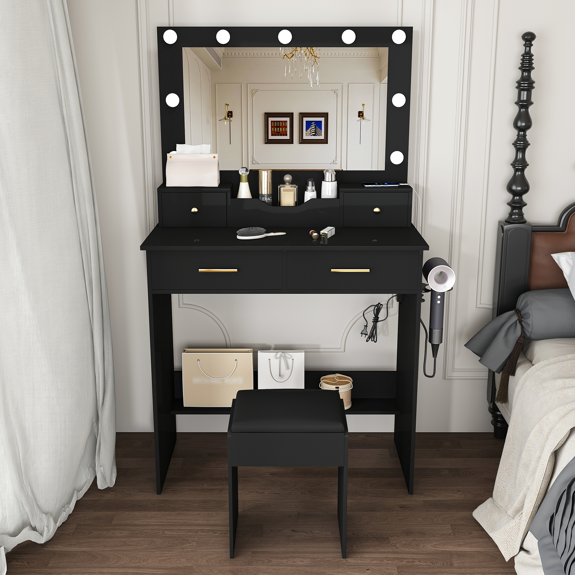 Makeup Vanity Desk With 9 Hollywood Bulbs,with A Large Mirror, Featuring 4 Drawers And 1 Open Storage Box, Equipped With A Power Socket, A Hair Dryer Stand And A Makeup Stool,black
