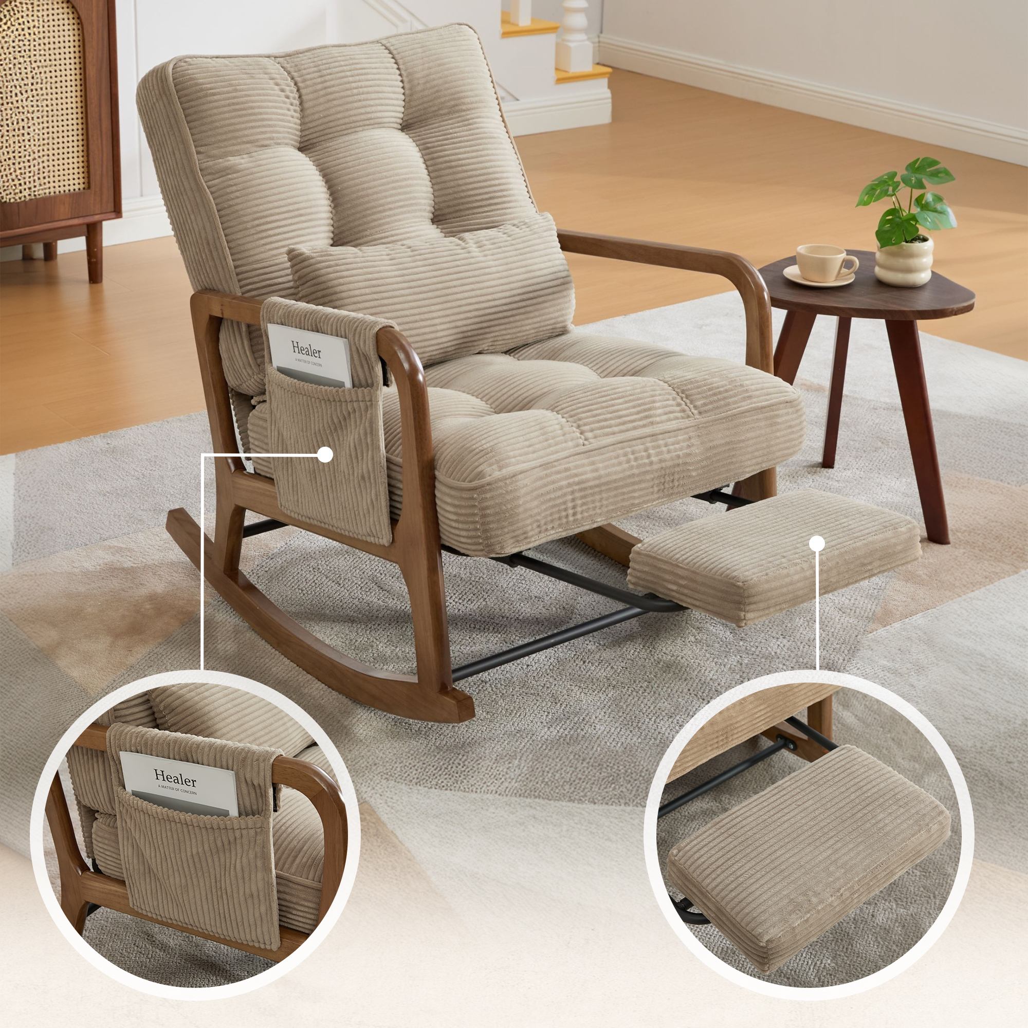 GOMYWAY Rocking Chair With Footrest, Corduroy Upholstered
