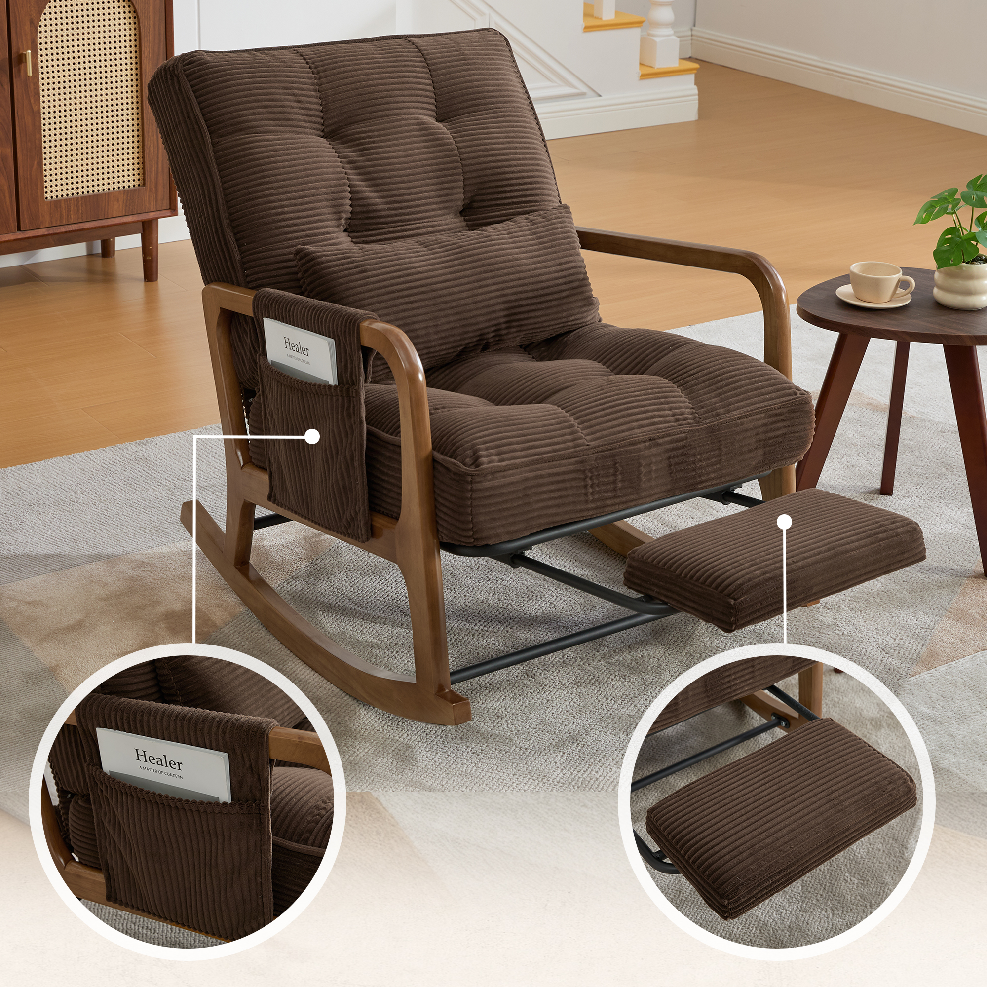 GOMYWAY Rocking Chair With Footrest, Corduroy Upholstered