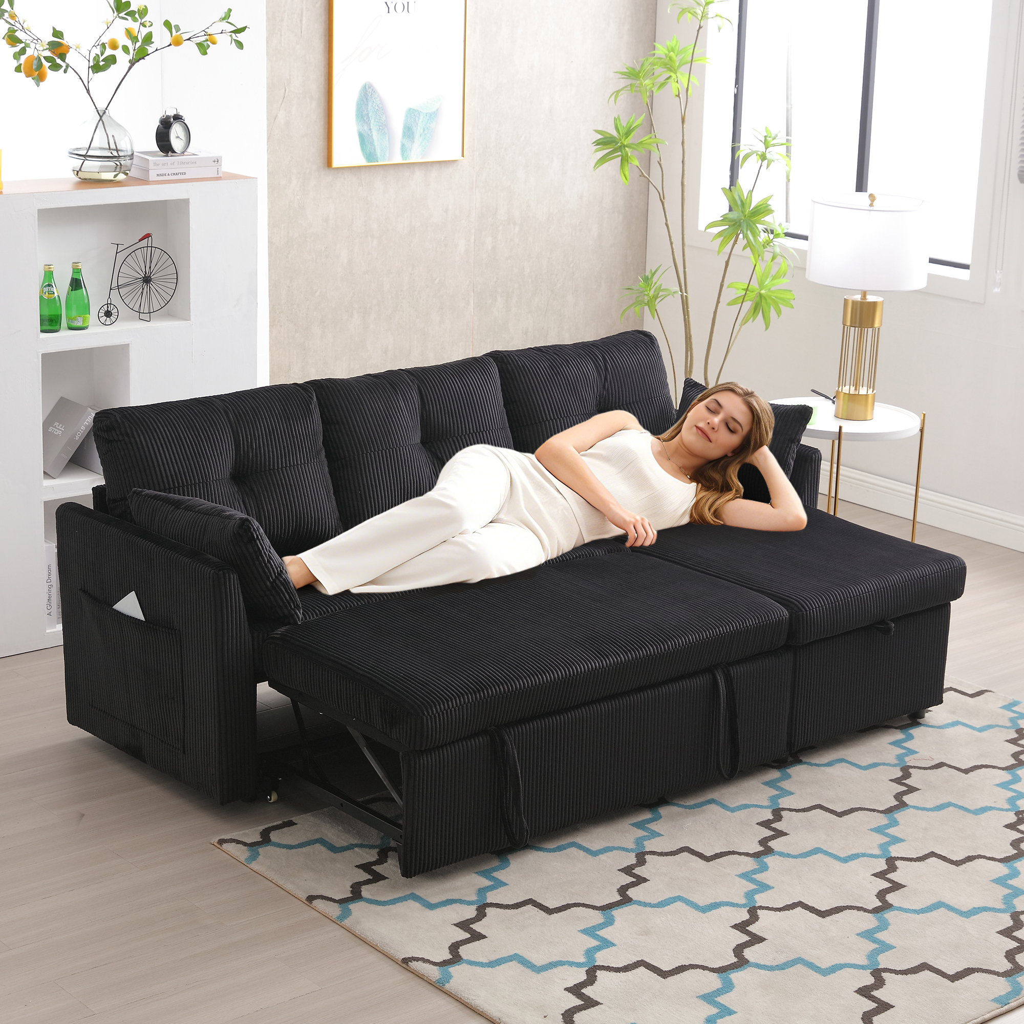 GOMYWAY Sectional Sleeper Sofa With Pull Out Bed, L Shape Convertible Couch