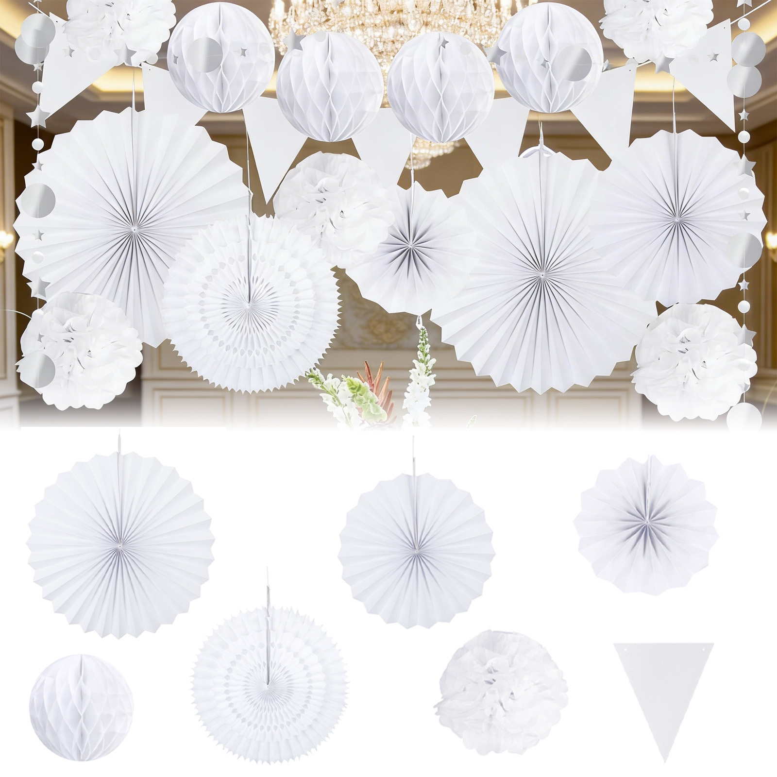 Wedding Decoration Set With Paper Fans And Hanging Decorations - Elegant Decoration Package For Festive Room D