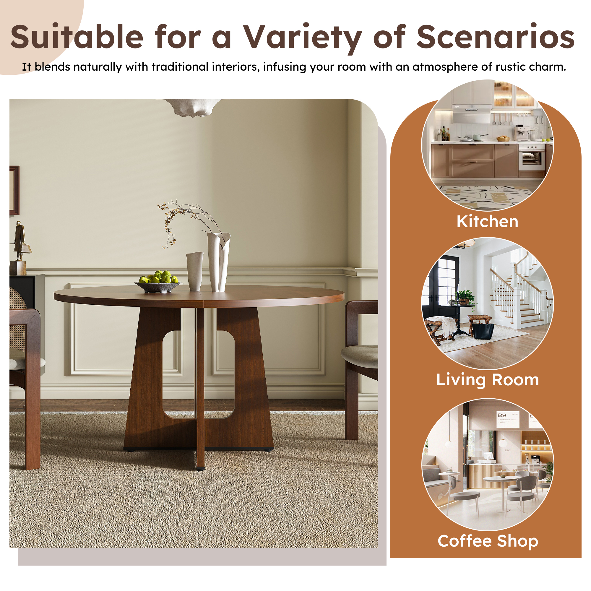 Round Dining Table For 4 - 47 Inch Farmhouse Kitchen MDF Circle With Wood Grain — image 4