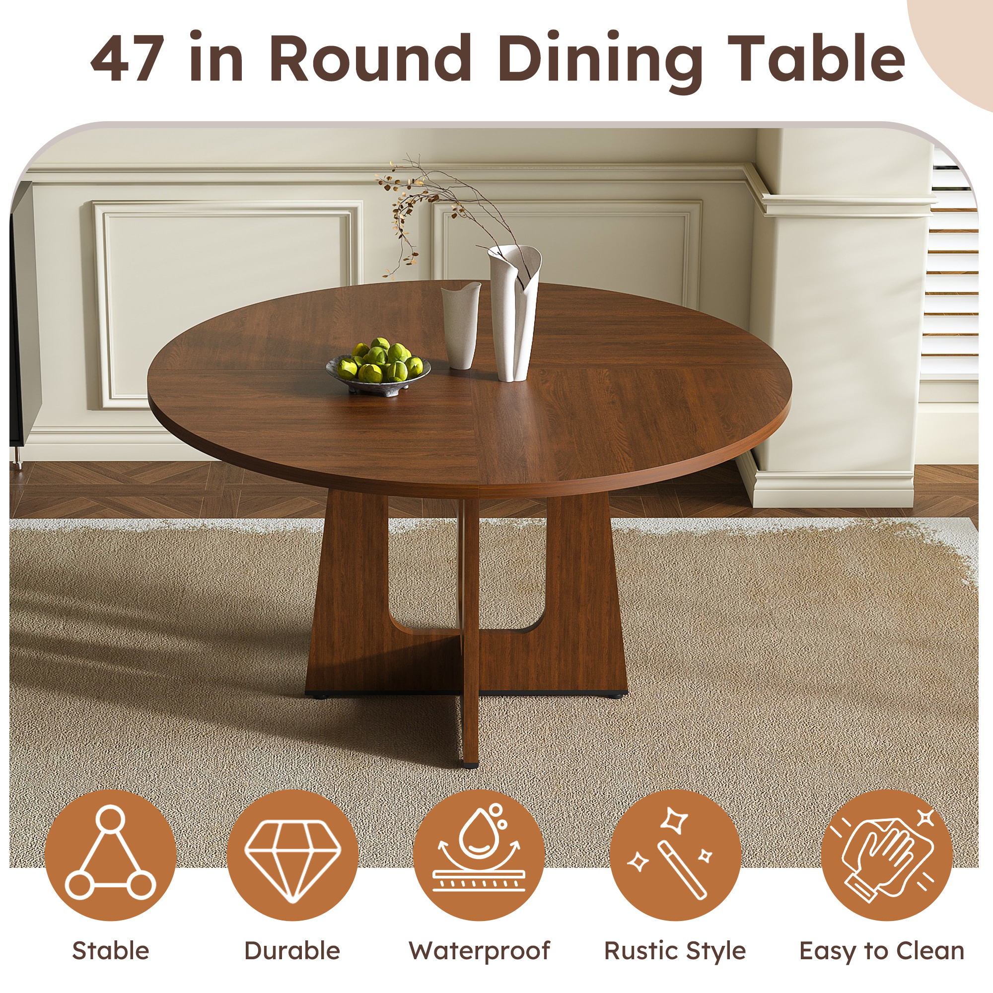 Round Dining Table For 4 - 47 Inch Farmhouse Kitchen MDF Circle With Wood Grain — image 2