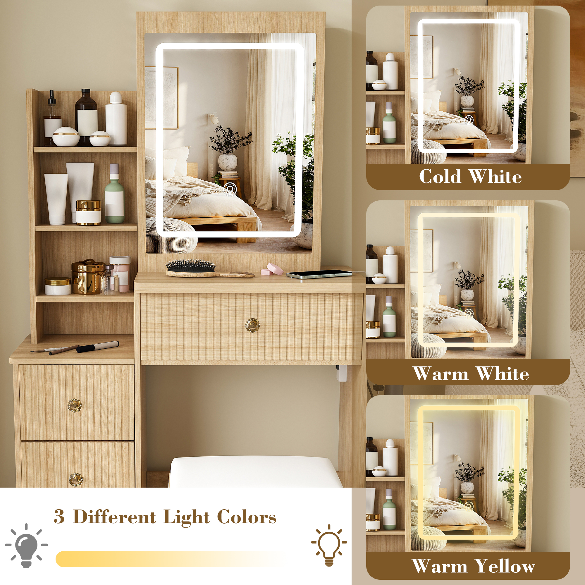 Modern Vanity Desk ,featuring 3 Modes Of LED Lighting With Adjustable — image 4