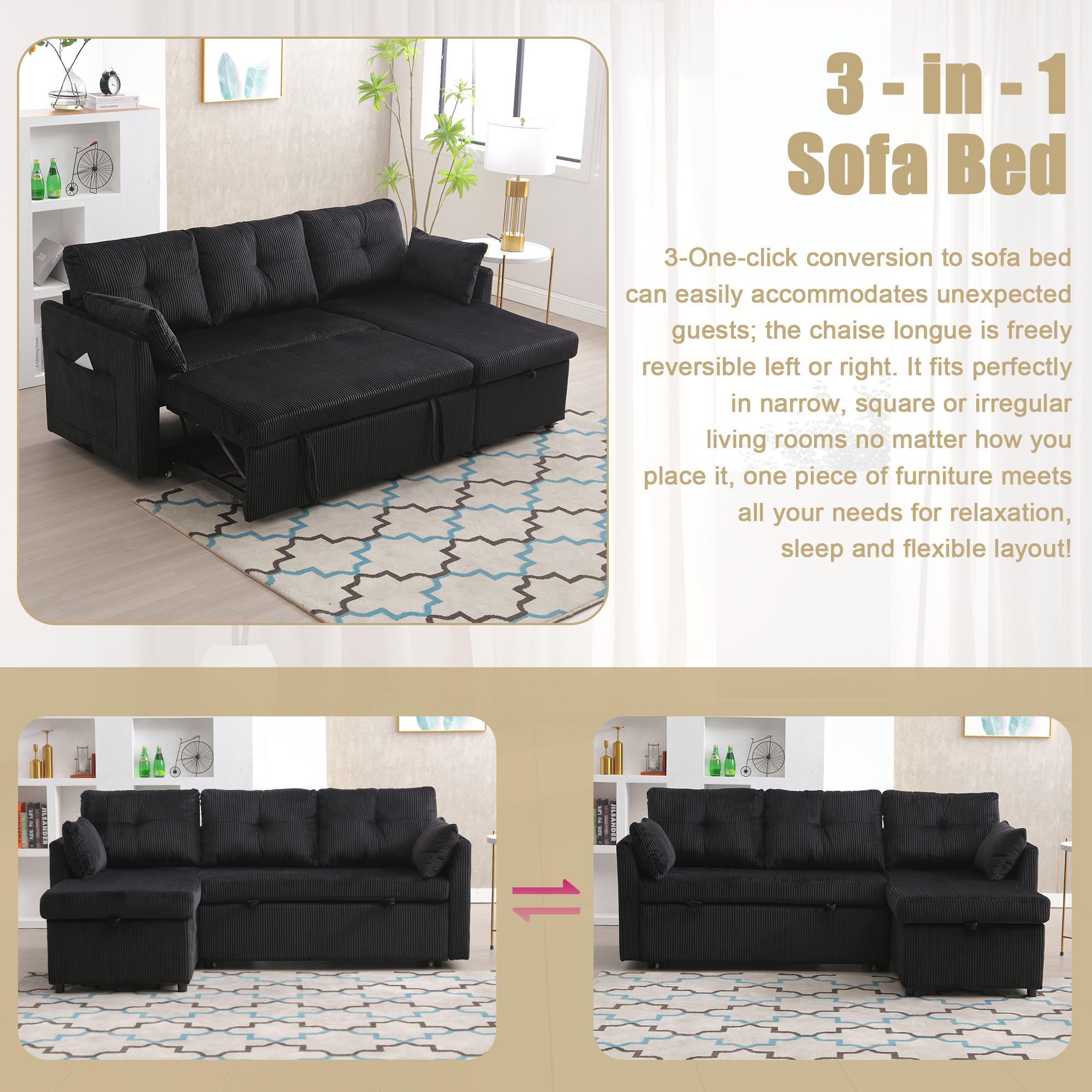 GOMYWAY Sectional Sleeper Sofa With Pull Out Bed, L Shape Convertible Couch — image 5