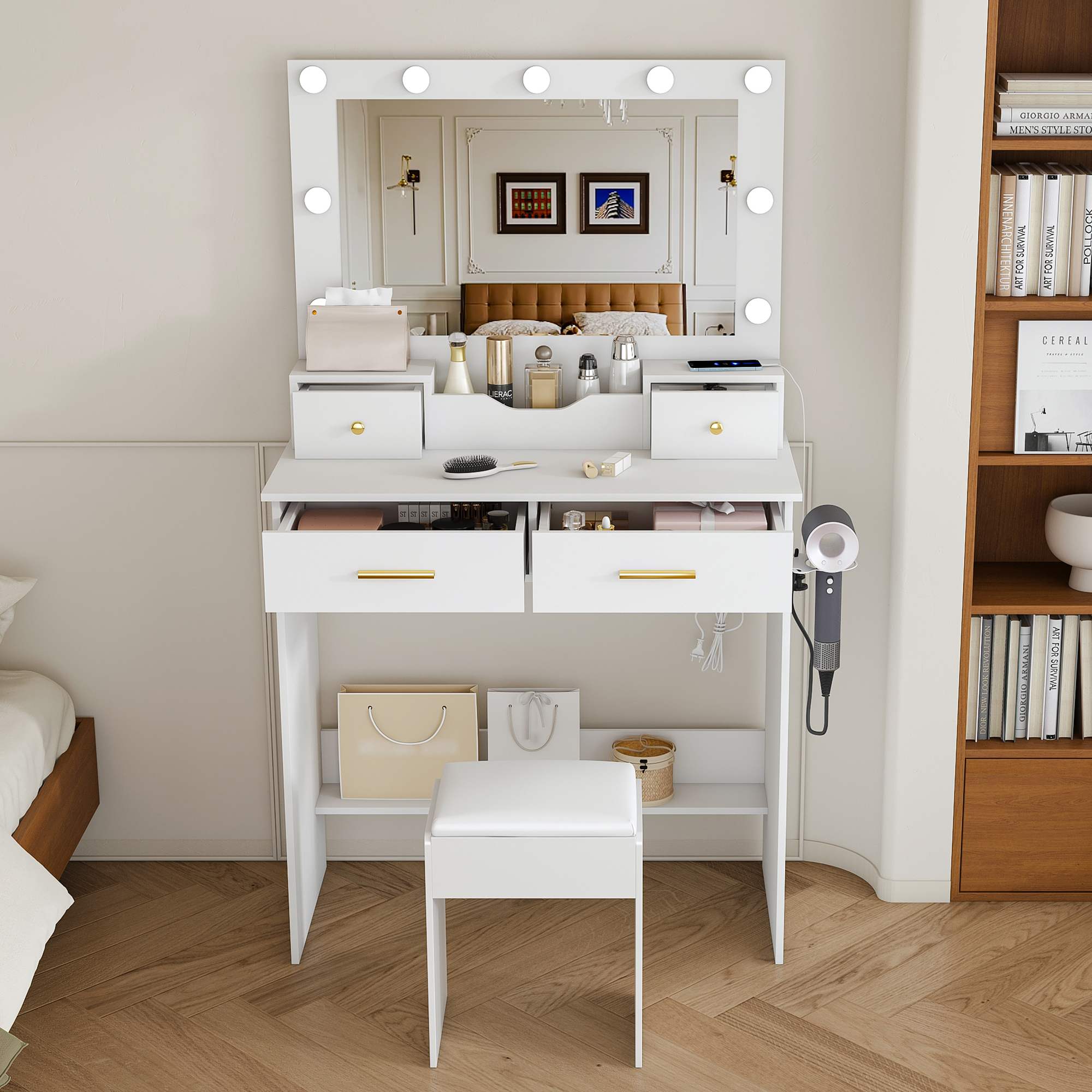Makeup Vanity Desk With 9 Hollywood Bulbs,with A Large Mirror,  Featuring 4 Drawers And 1 Open Storage Box, Equipped With A Power Socket, A Hair Dryer Stand And A Makeup Stool, White