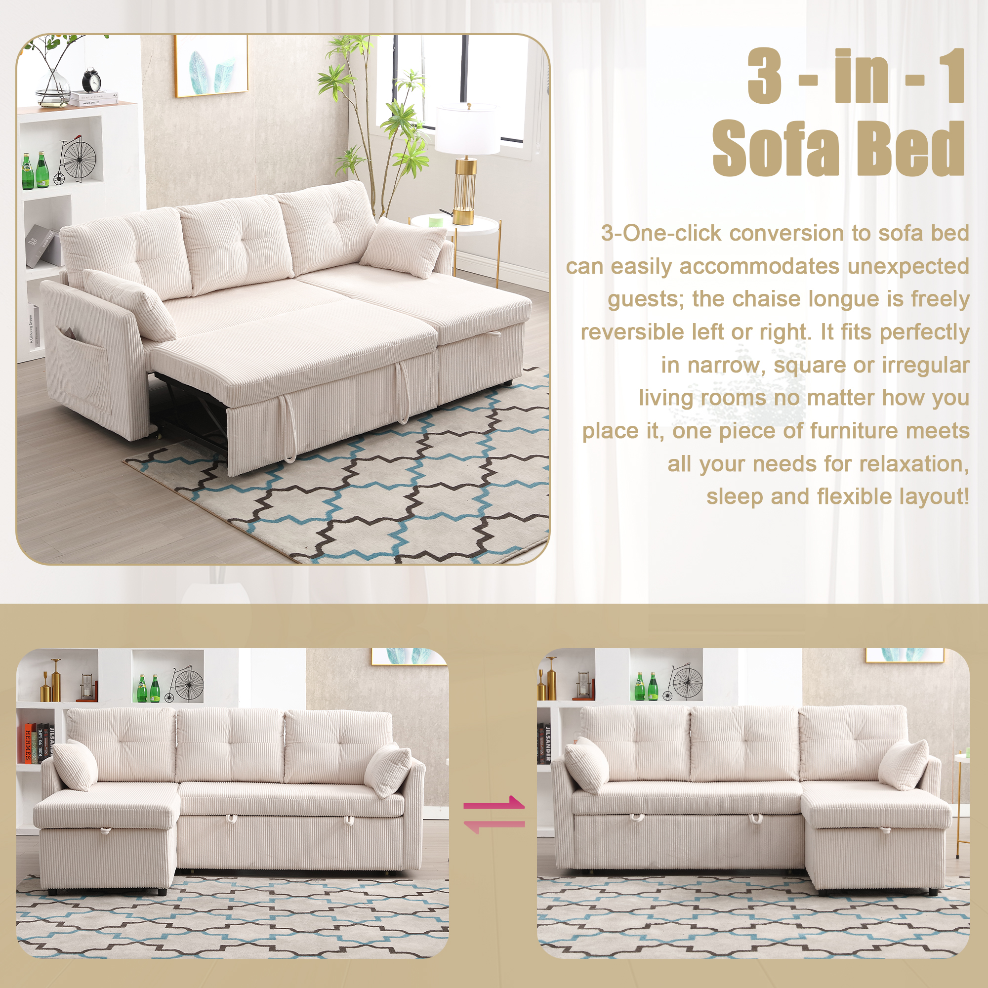 GOMYWAY Sectional Sleeper Sofa With Pull Out Bed, L Shape Convertible Couch — image 5